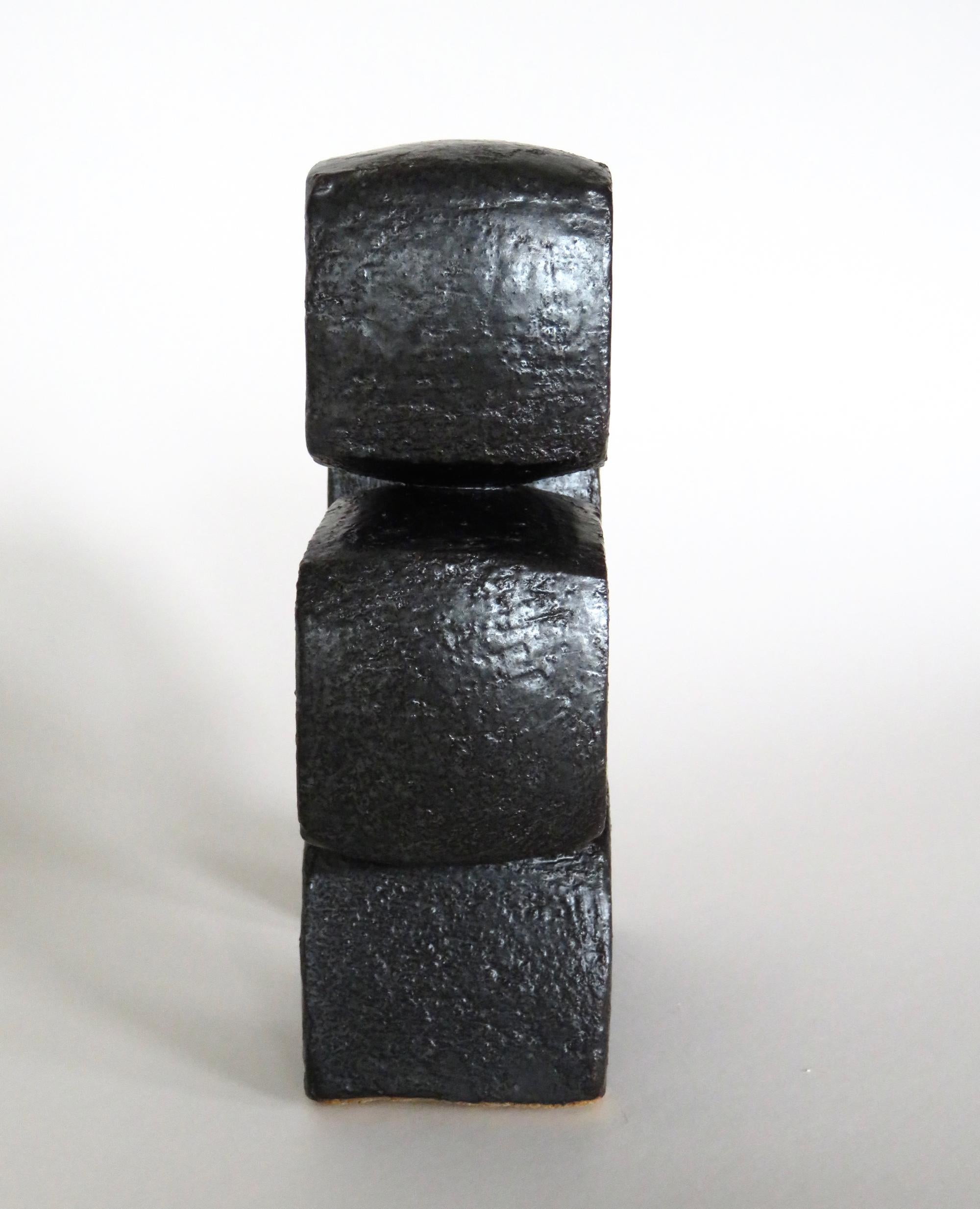 American Metallic Black TOTEM, Ceramic Sculpture, Three Rectangular Rings on Angled Base