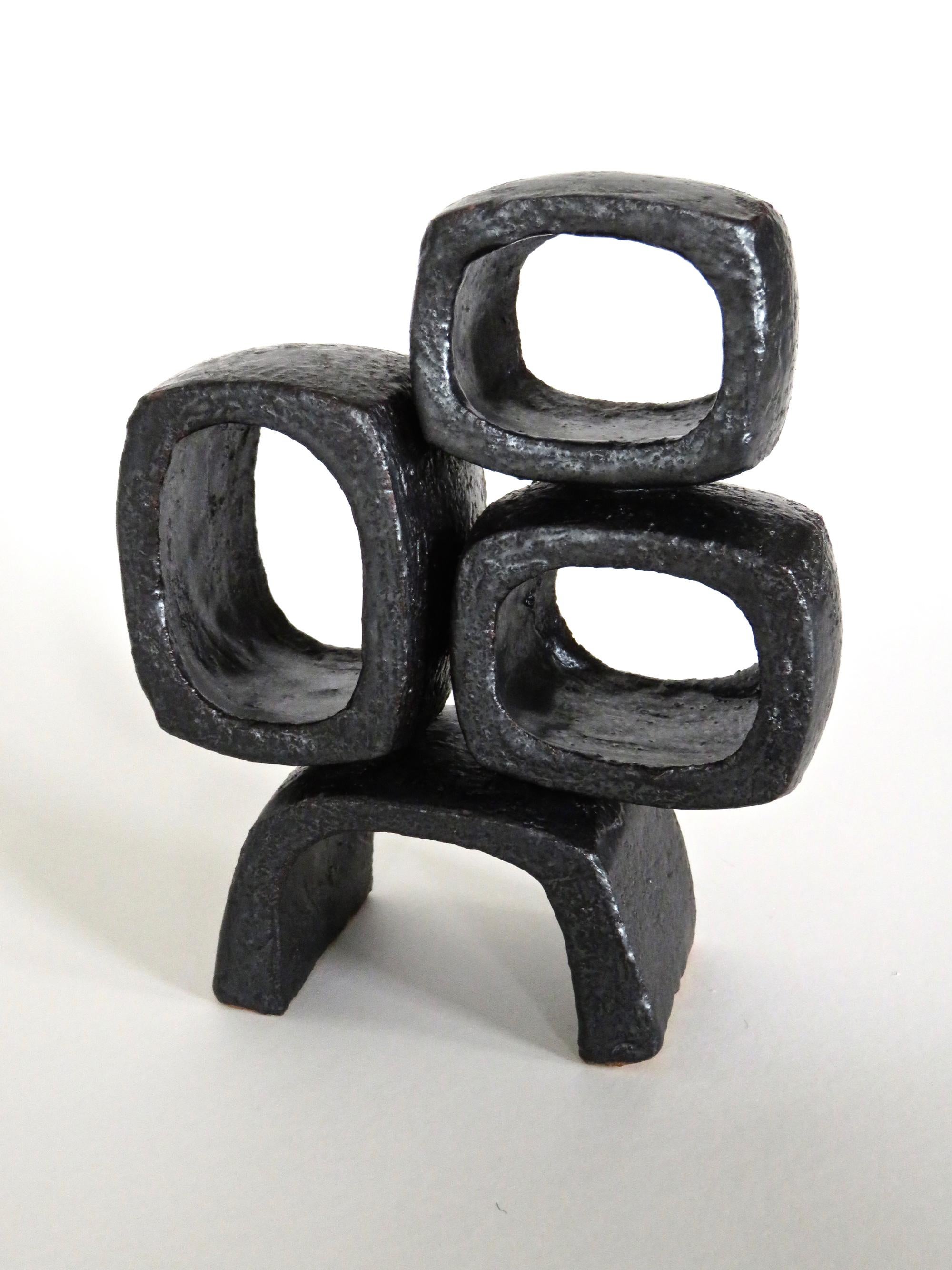 Glazed Metallic Black TOTEM, Ceramic Sculpture, Three Rectangular Rings on Angled Base