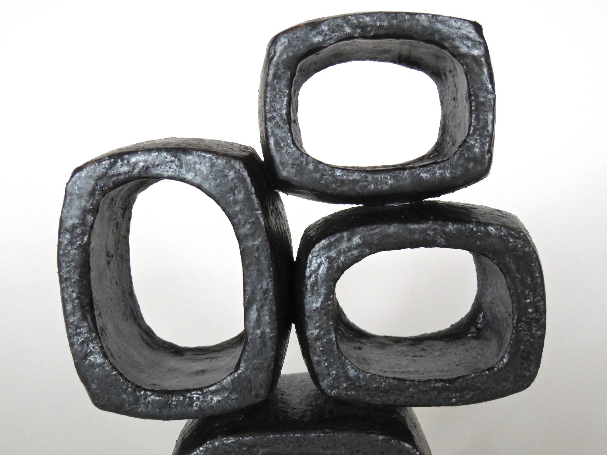 Metallic Black TOTEM, Ceramic Sculpture, Three Rectangular Rings on Angled Base In New Condition In New York, NY