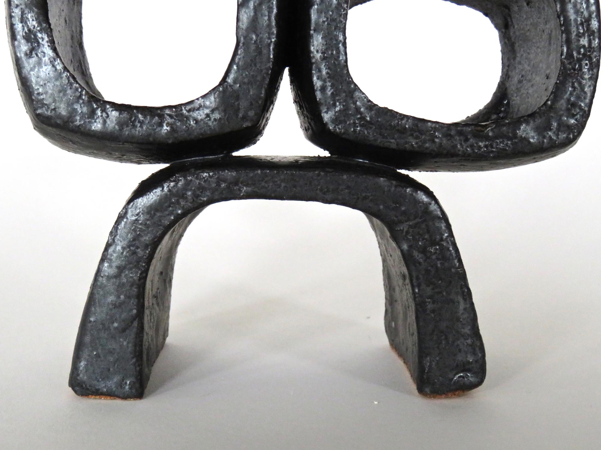 Contemporary Metallic Black TOTEM, Ceramic Sculpture, Three Rectangular Rings on Angled Base