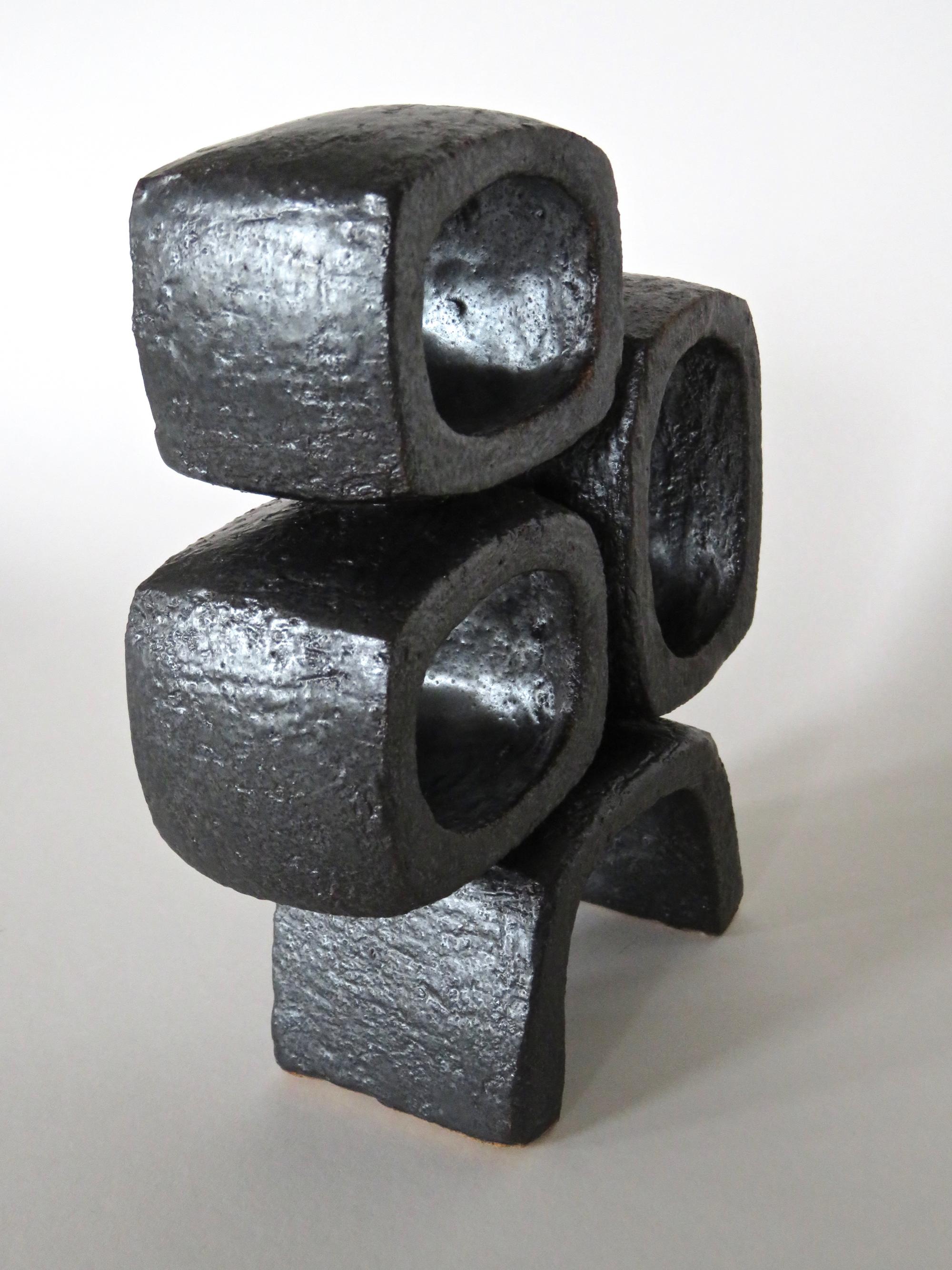 Metallic Black TOTEM, Ceramic Sculpture, Three Rectangular Rings on Angled Base 2