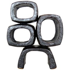 Metallic Black TOTEM, Ceramic Sculpture, Three Rectangular Rings on Angled Base