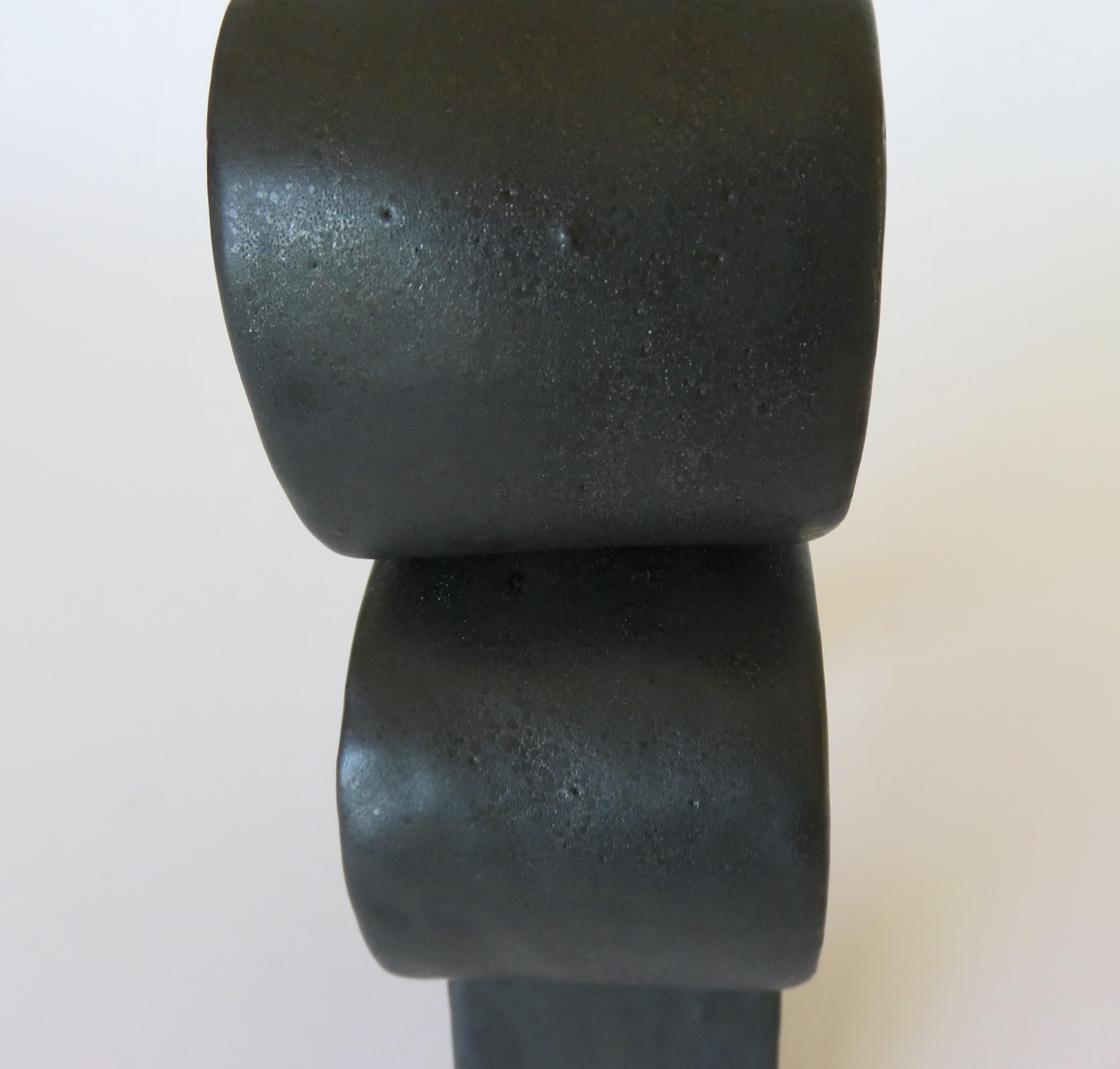 Metallic Black Hand-Built Ceramic Sculpture with Hollow Rings on Angled Legs 6