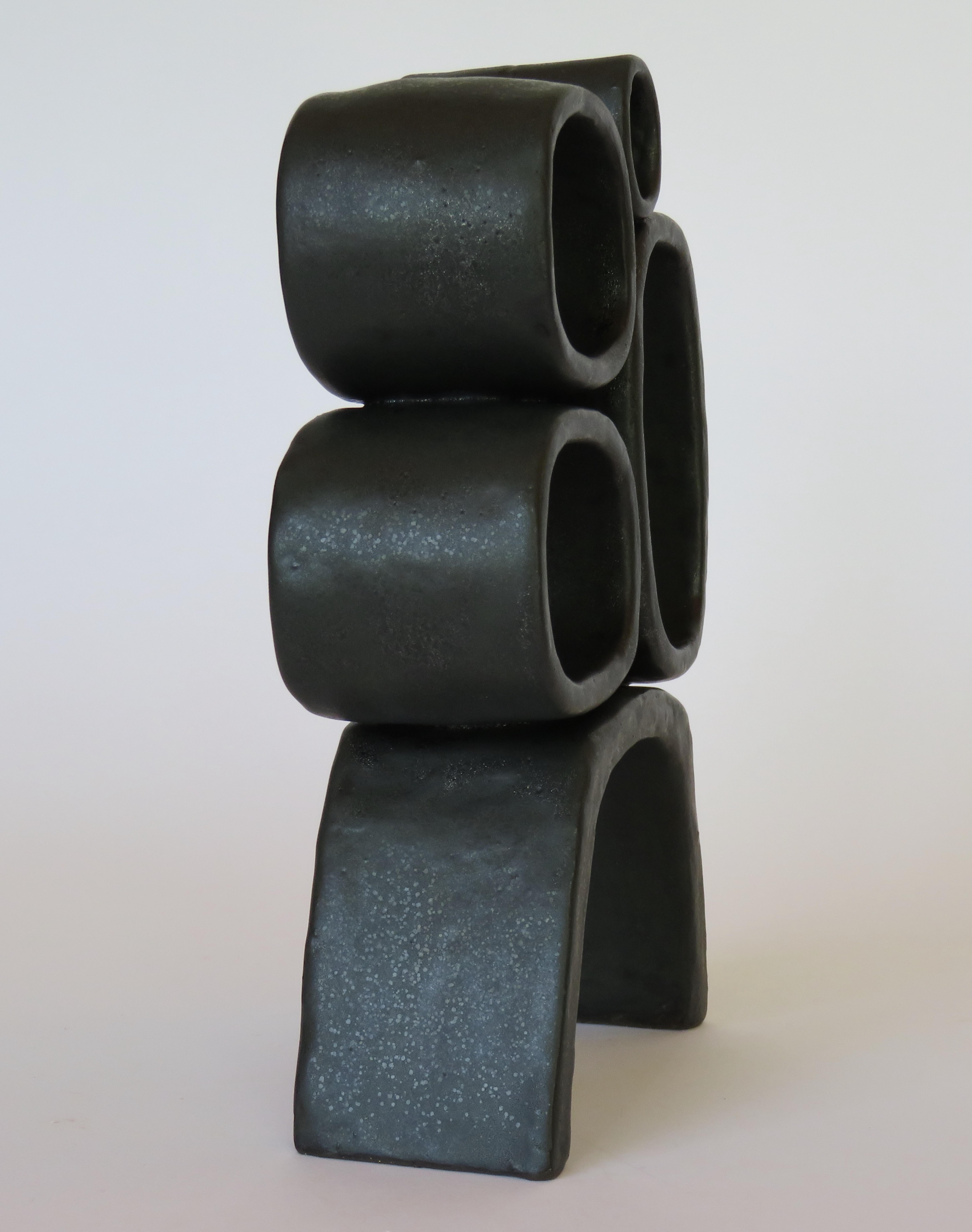 American Metallic Black Hand-Built Ceramic Sculpture with Hollow Rings on Angled Legs