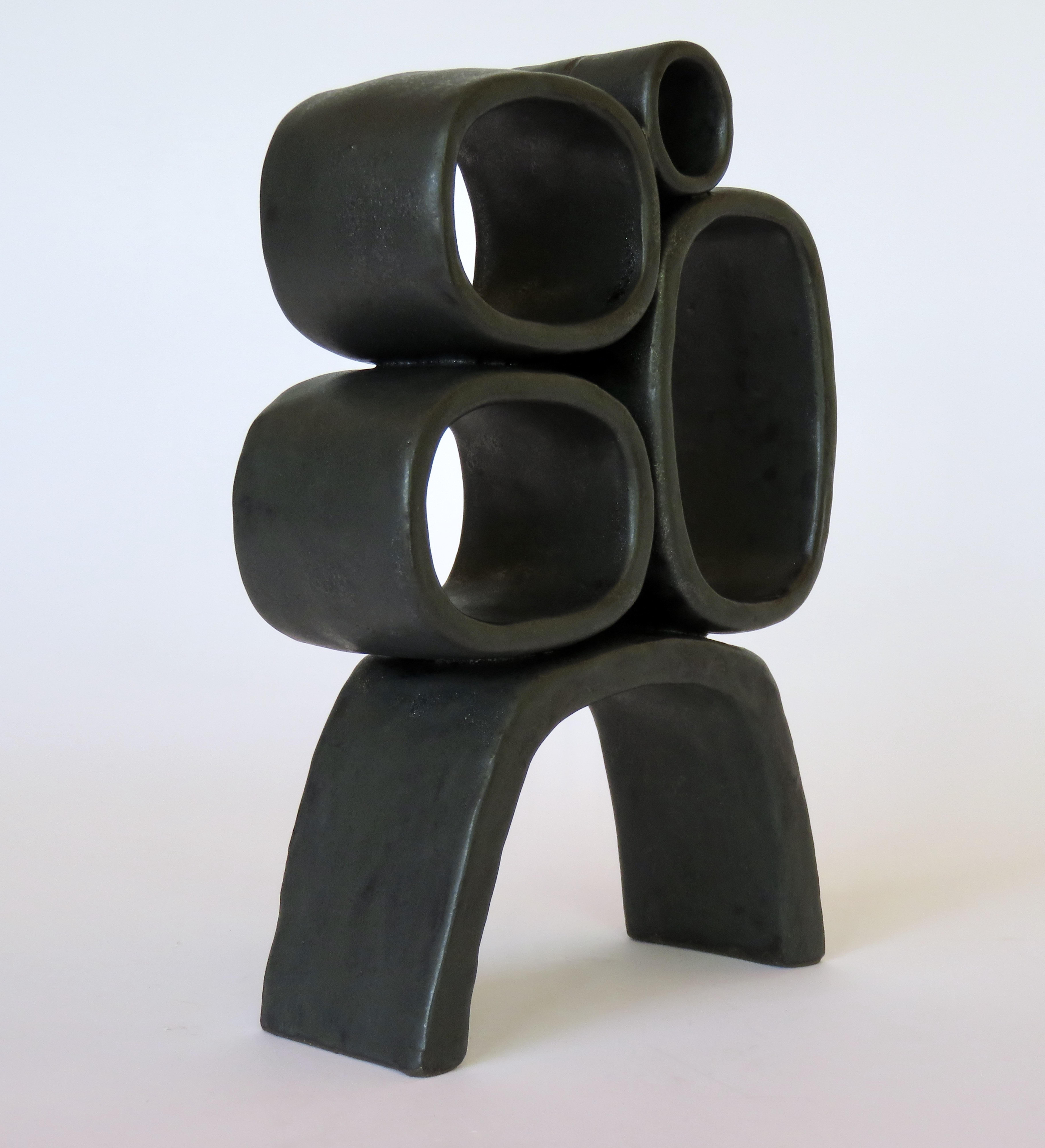 Glazed Metallic Black Hand-Built Ceramic Sculpture with Hollow Rings on Angled Legs