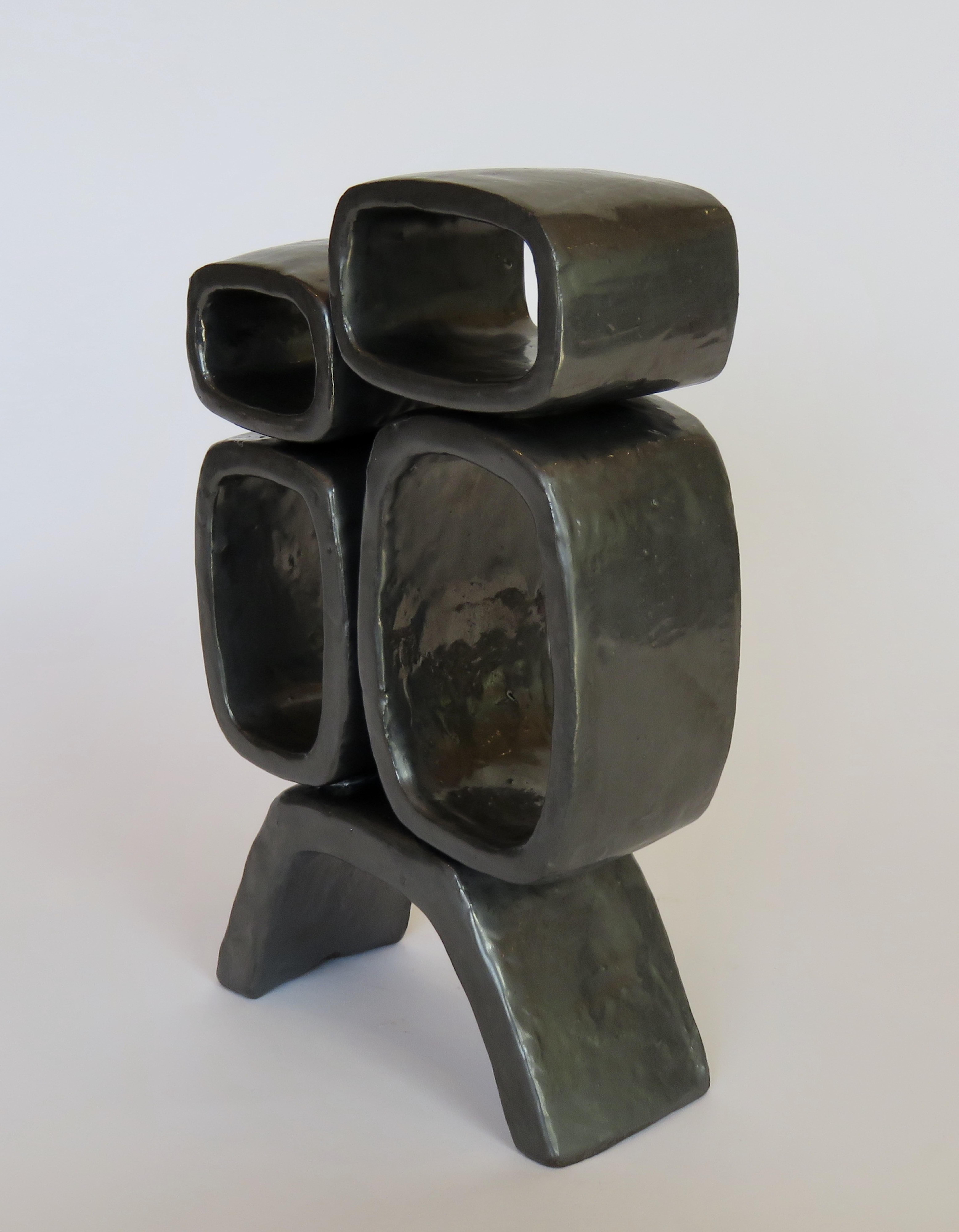 Metallic Black Hand-Built Ceramic Sculpture With 4 Rectangular Rings on Legs 3