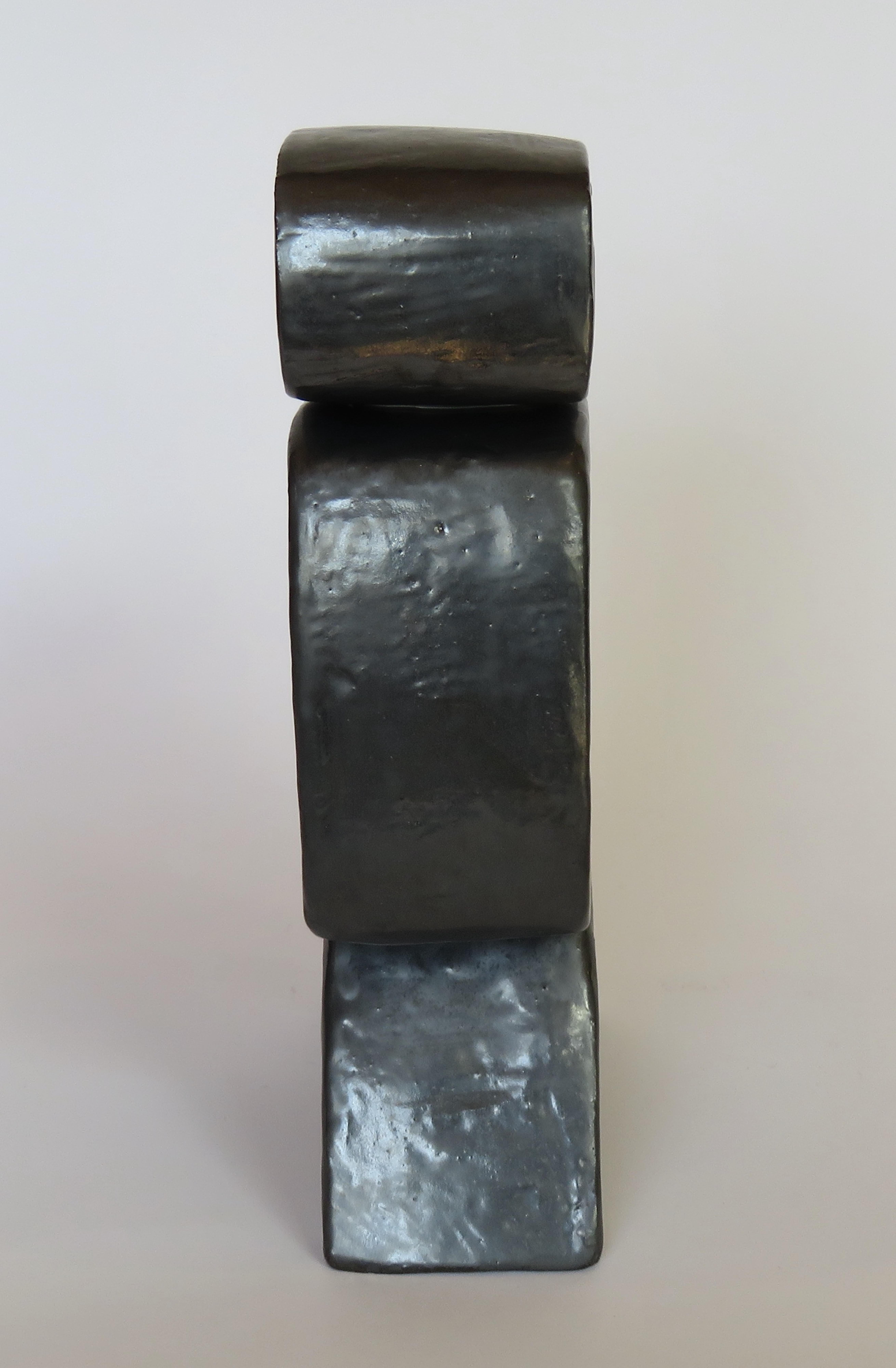 Metallic Black Hand-Built Ceramic Sculpture With 4 Rectangular Rings on Legs 4