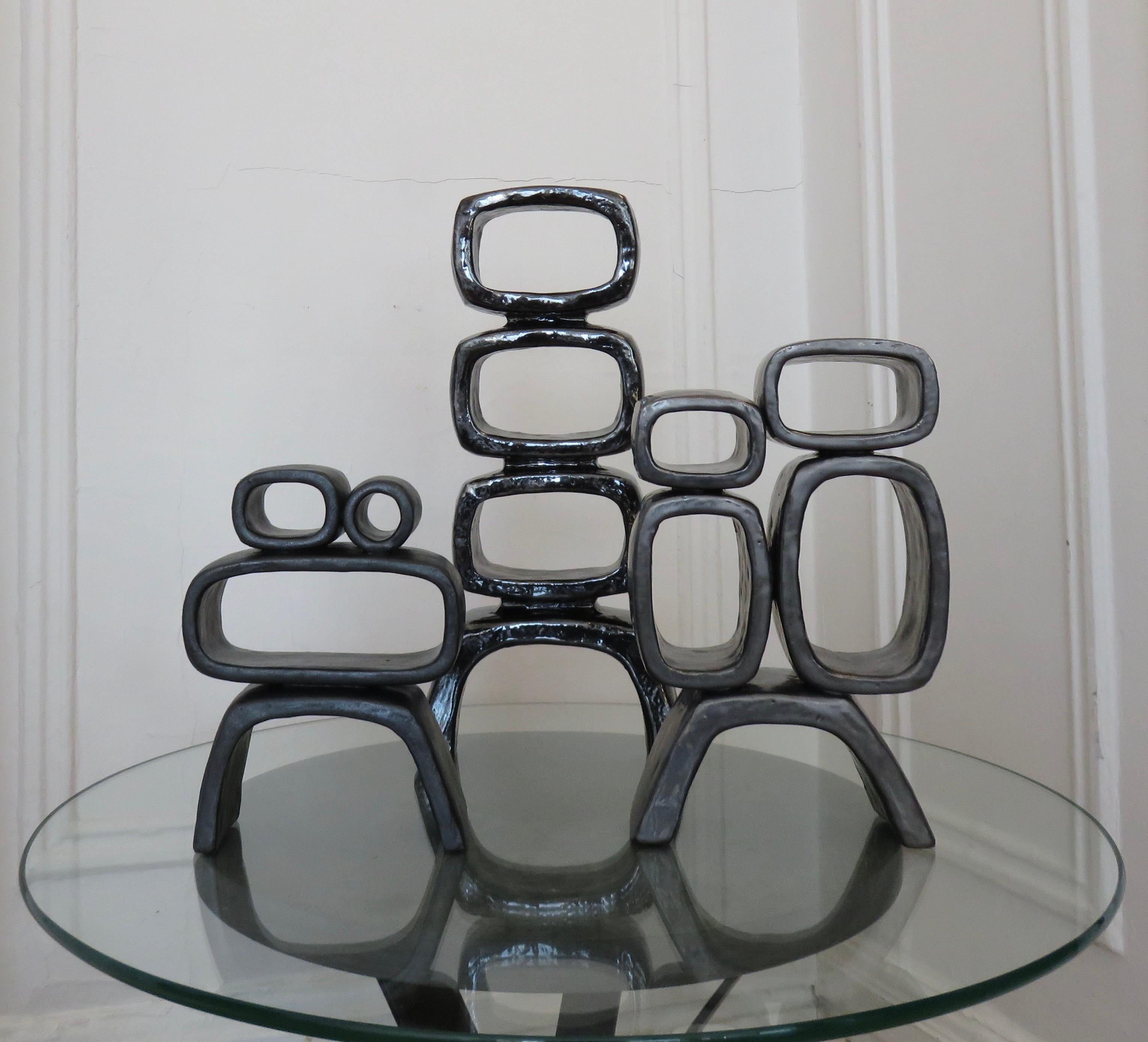 Metallic Black Hand-Built Ceramic Sculpture With 4 Rectangular Rings on Legs 7
