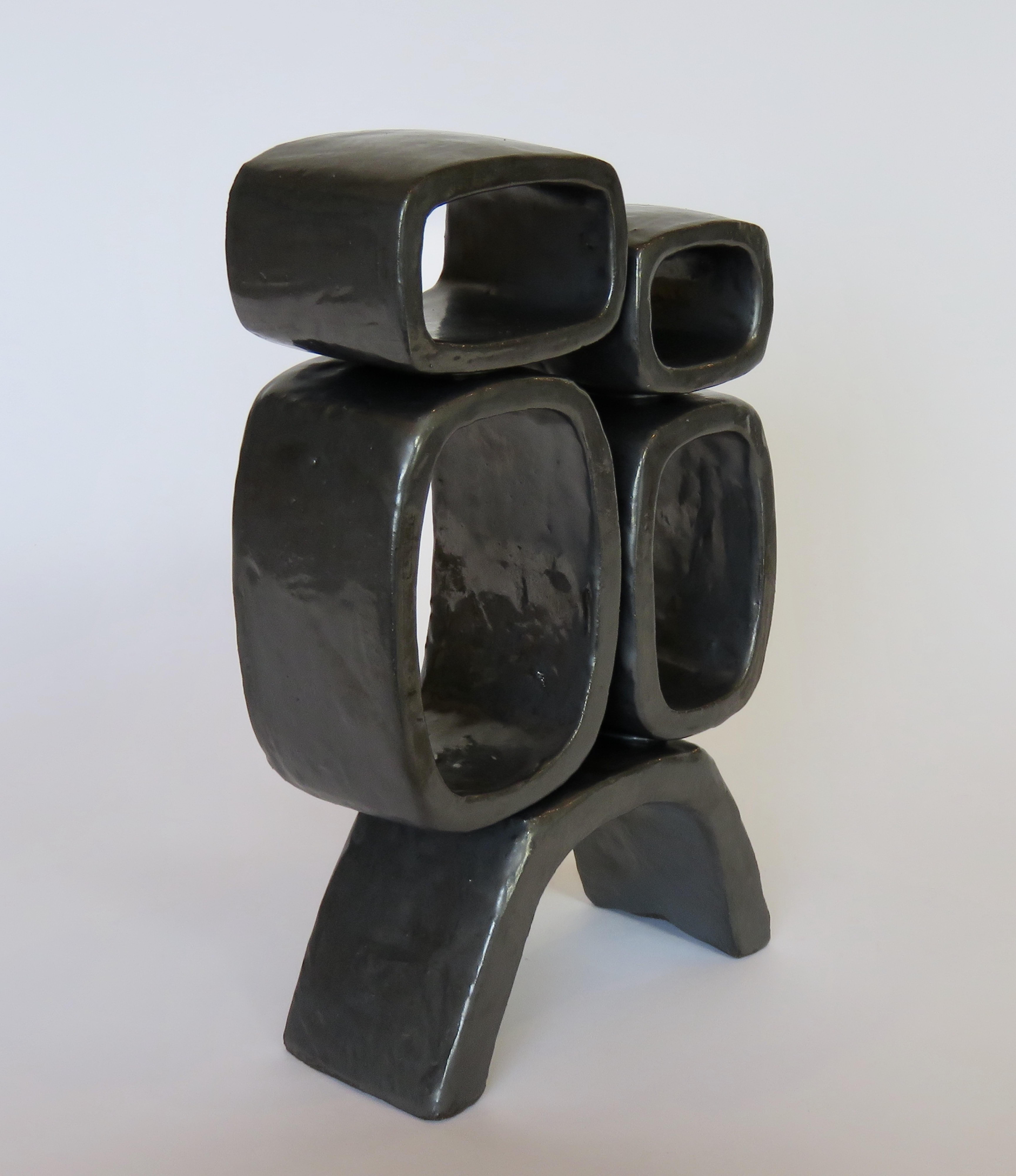 Metallic Black Hand-Built Ceramic Sculpture With 4 Rectangular Rings on Legs 10