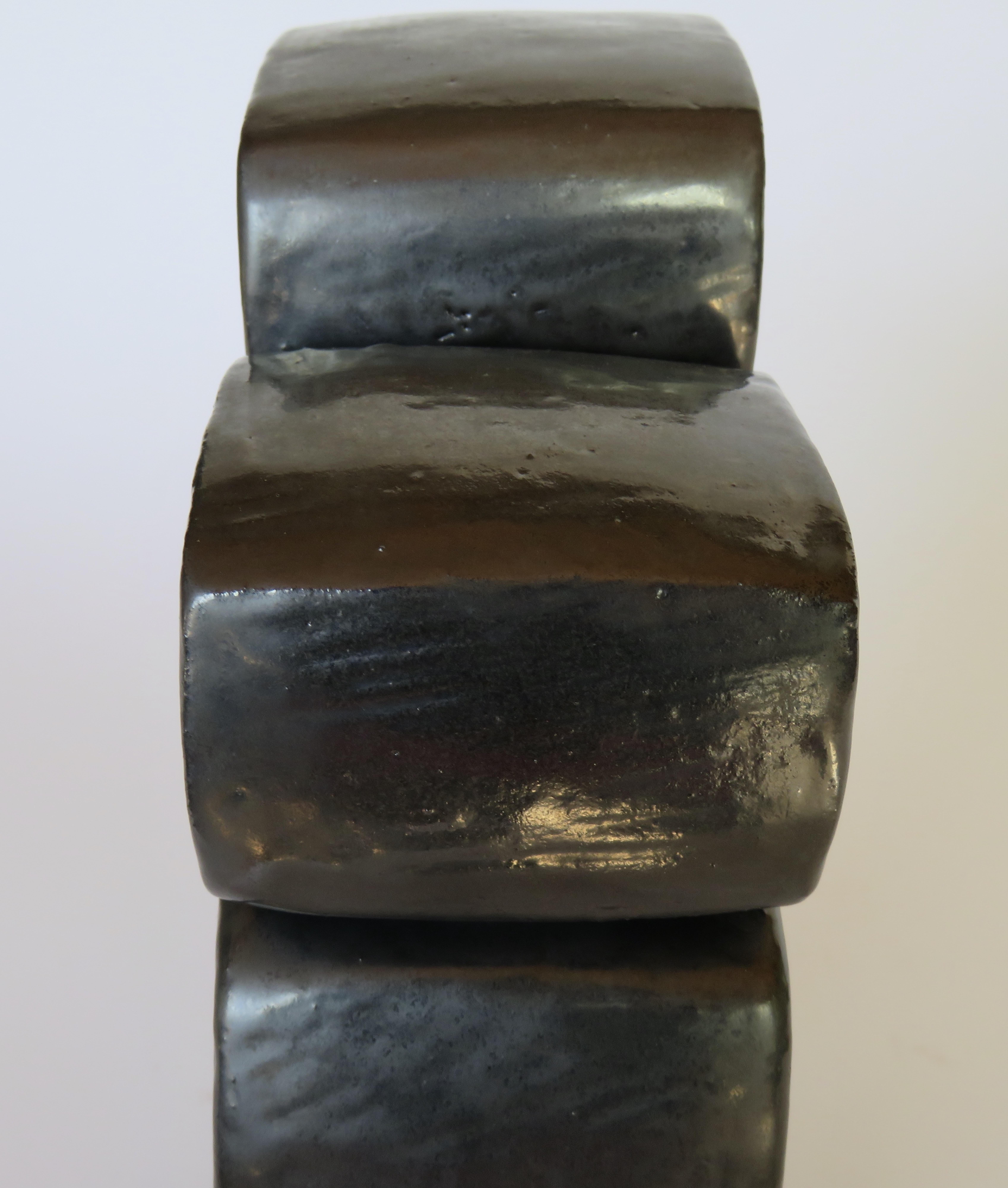 Metallic Black Hand-Built Ceramic Sculpture With 4 Rectangular Rings on Legs 1