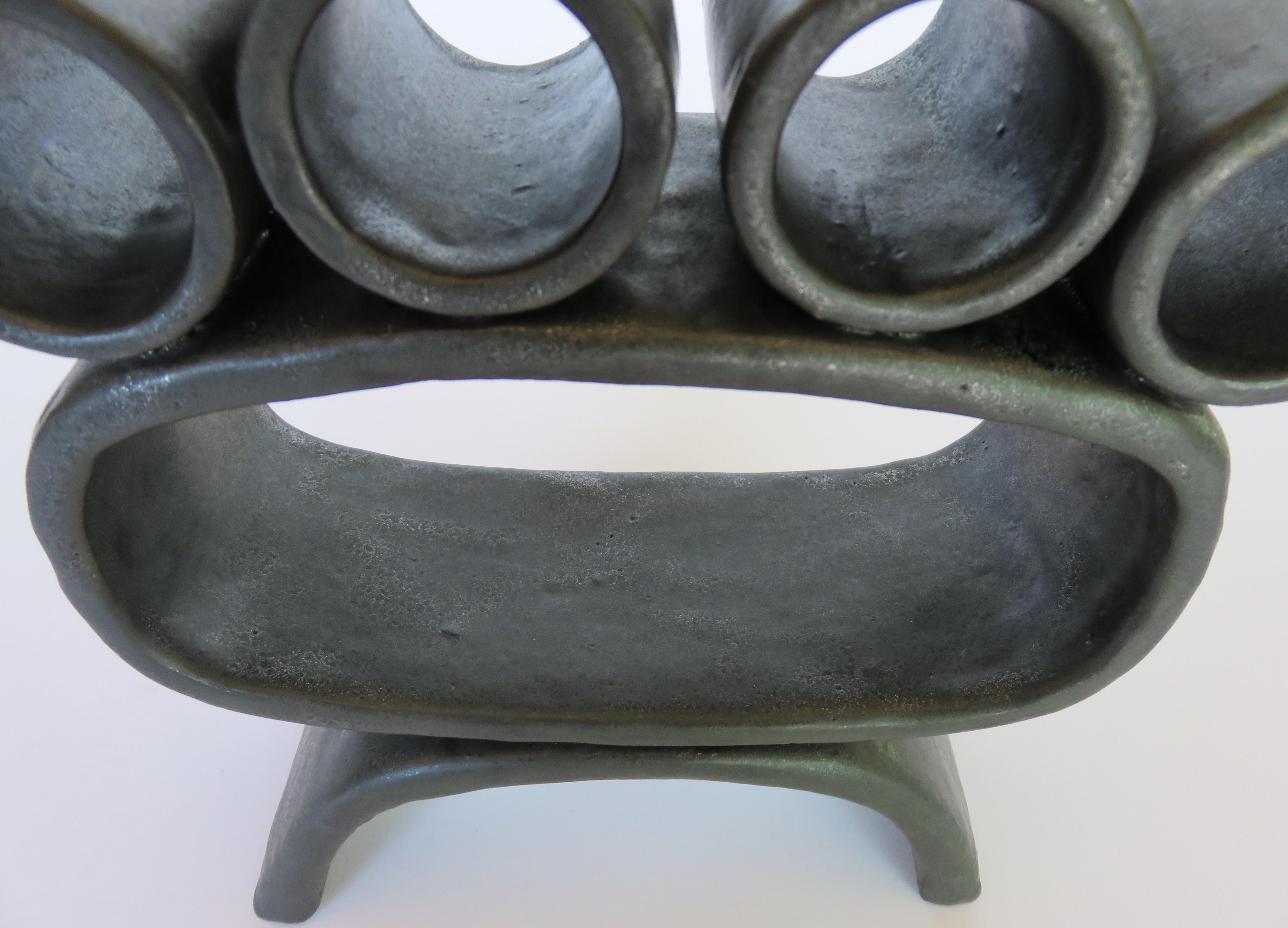 Metallic Black Hand-Built Ceramic Sculpture with Small Rings on Legs 3
