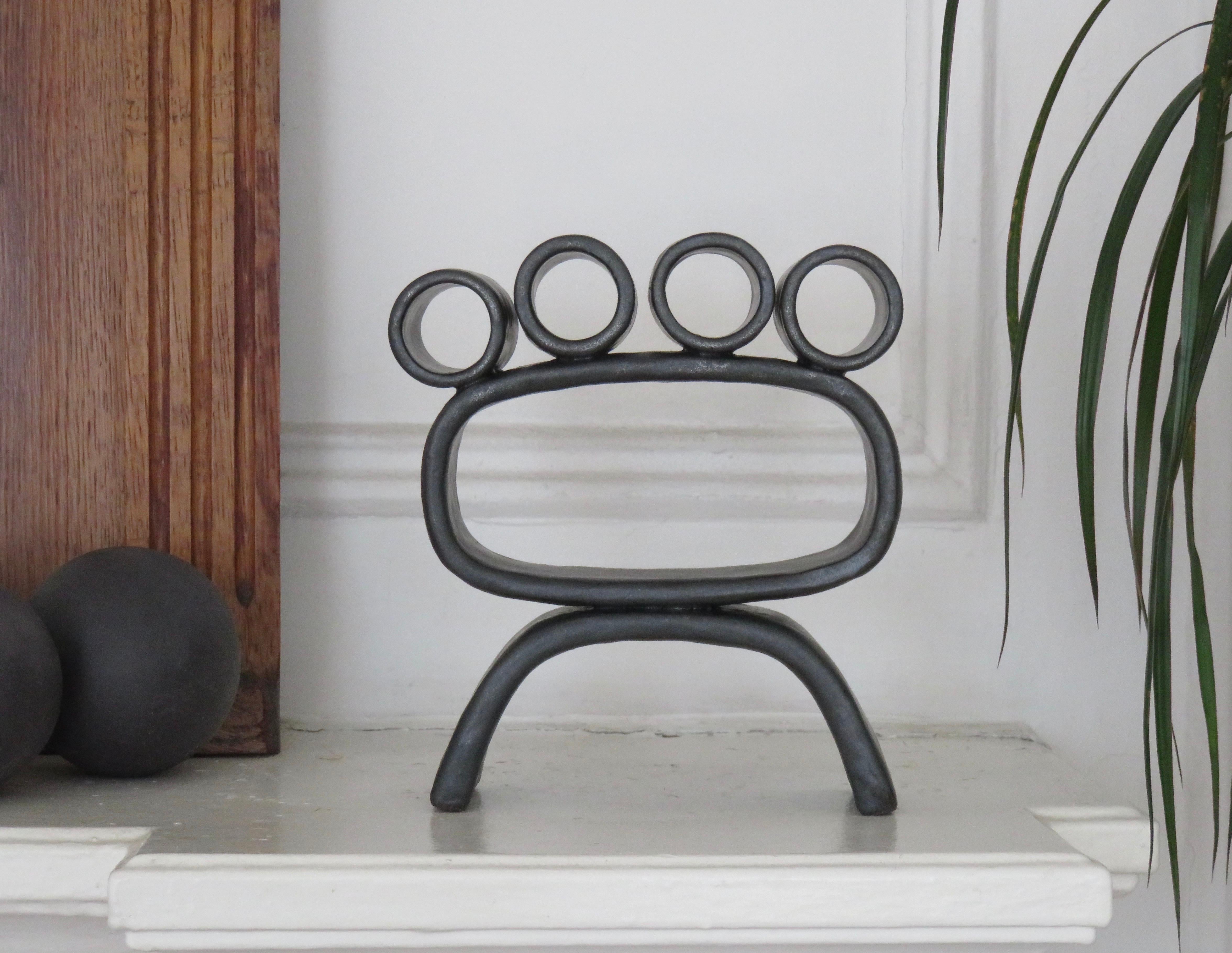 Metallic Black Hand-Built Ceramic Sculpture with Small Rings on Legs 6