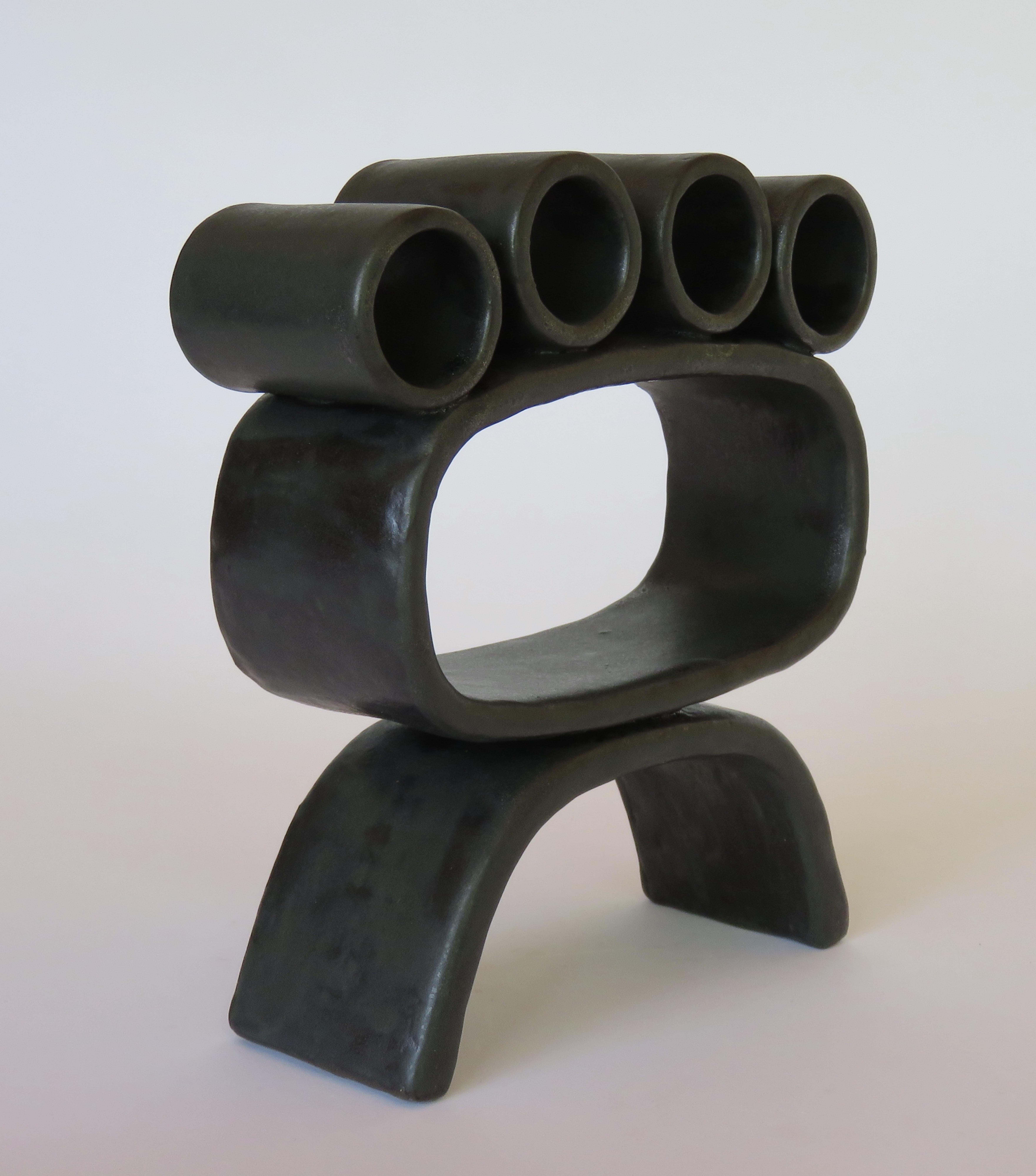 American Metallic Black Hand-Built Ceramic Sculpture with Small Rings on Legs
