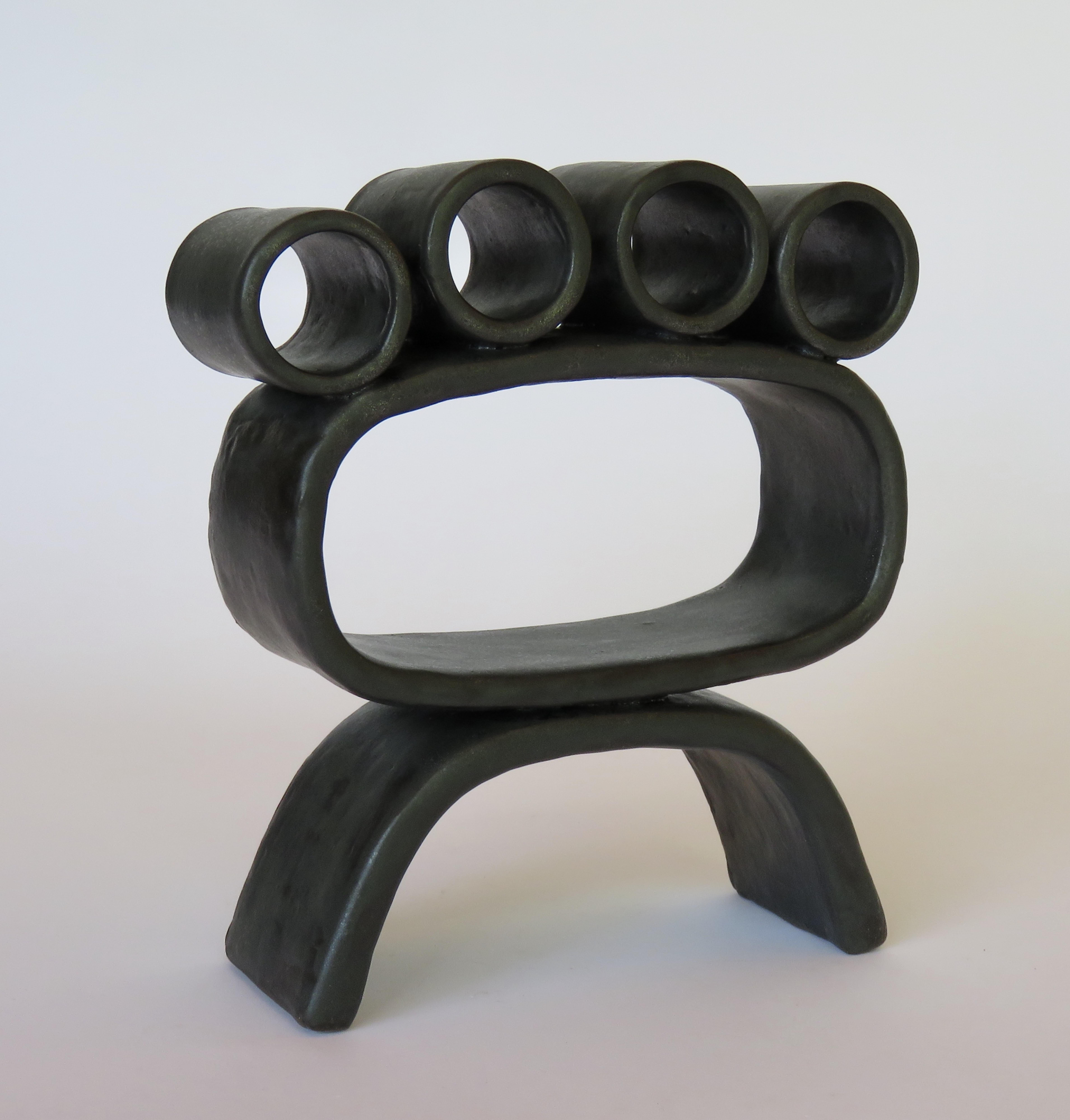 Glazed Metallic Black Hand-Built Ceramic Sculpture with Small Rings on Legs