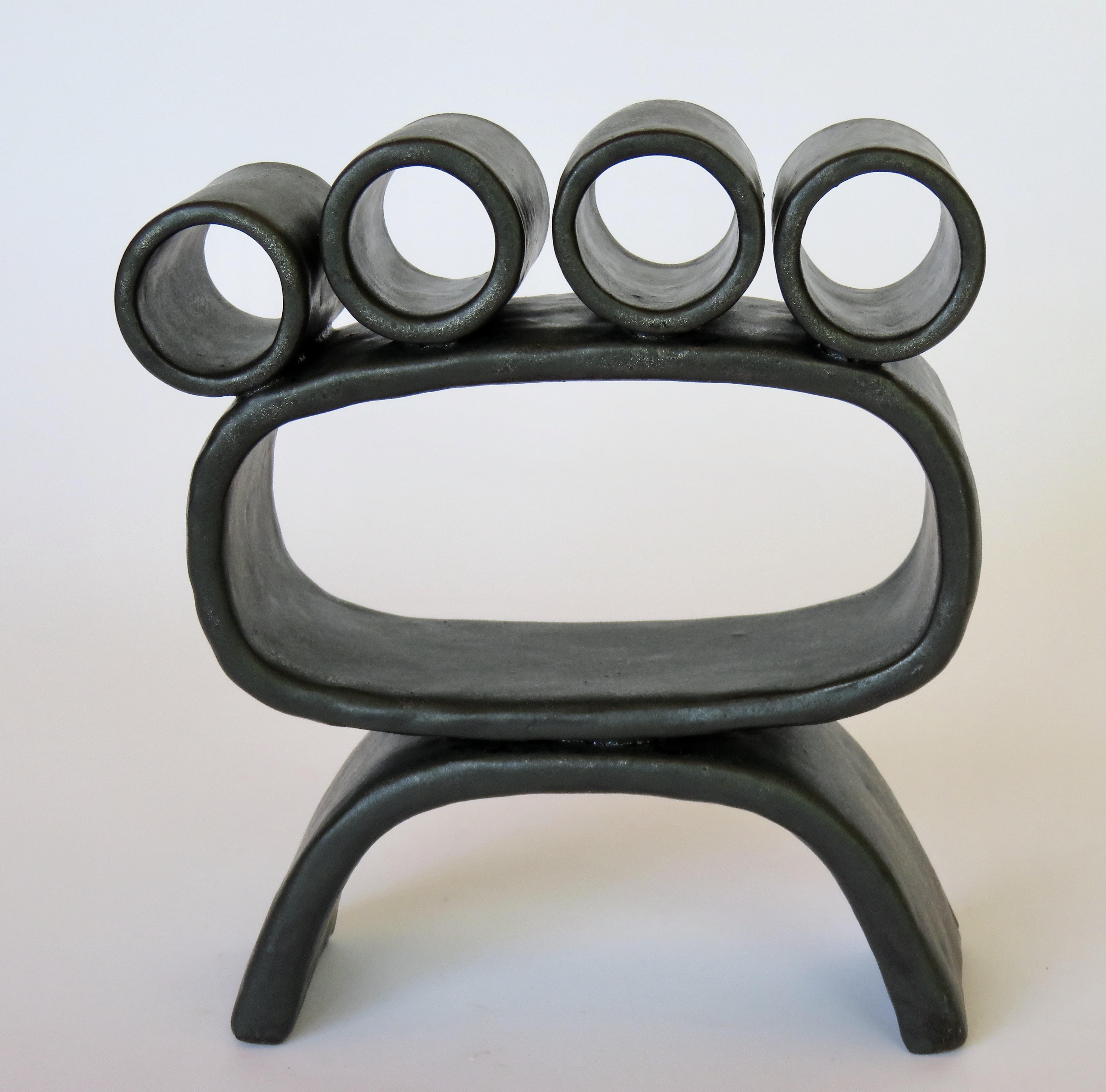 Metallic Black Hand-Built Ceramic Sculpture with Small Rings on Legs In New Condition In New York, NY