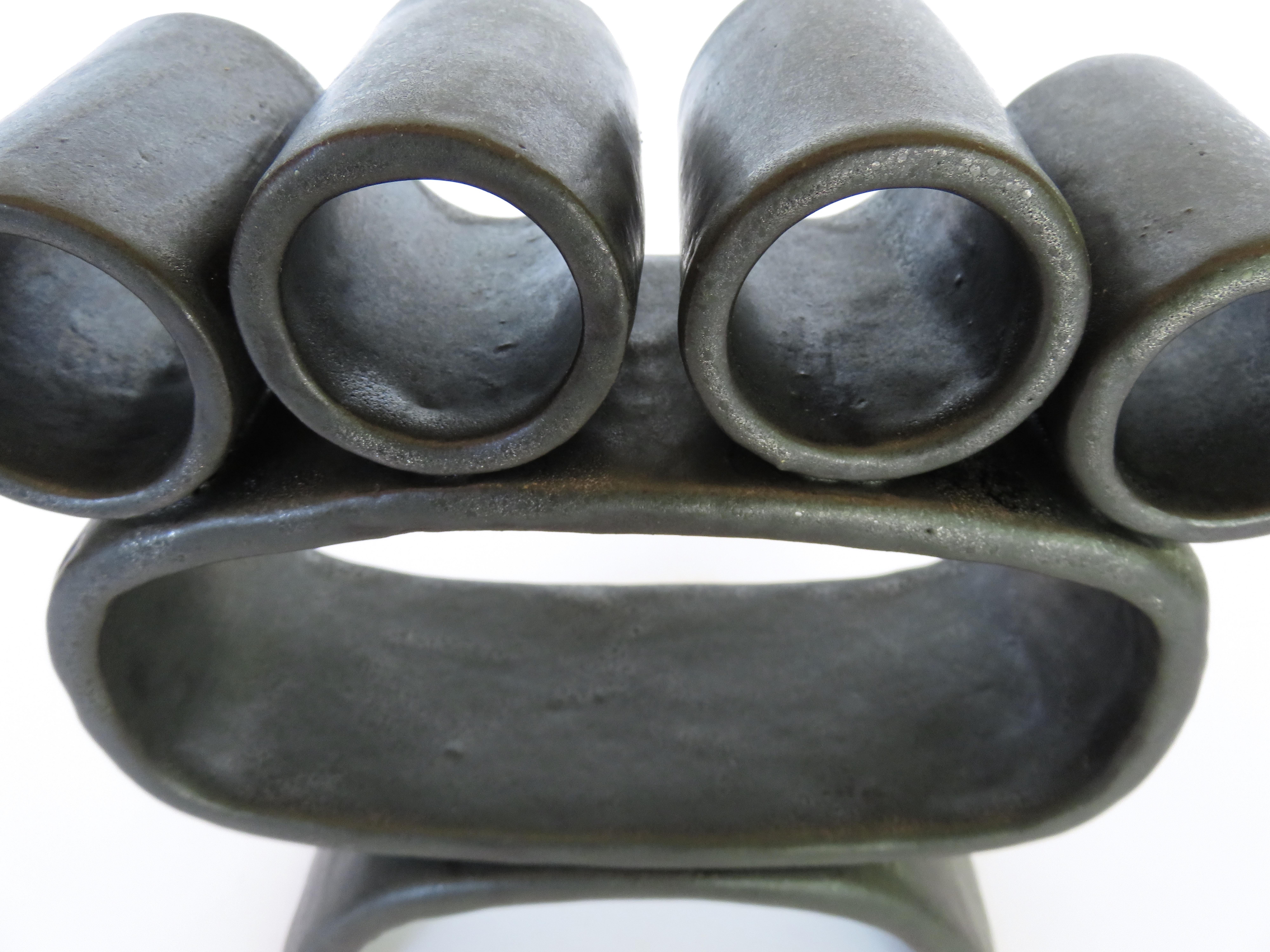 Contemporary Metallic Black Hand-Built Ceramic Sculpture with Small Rings on Legs