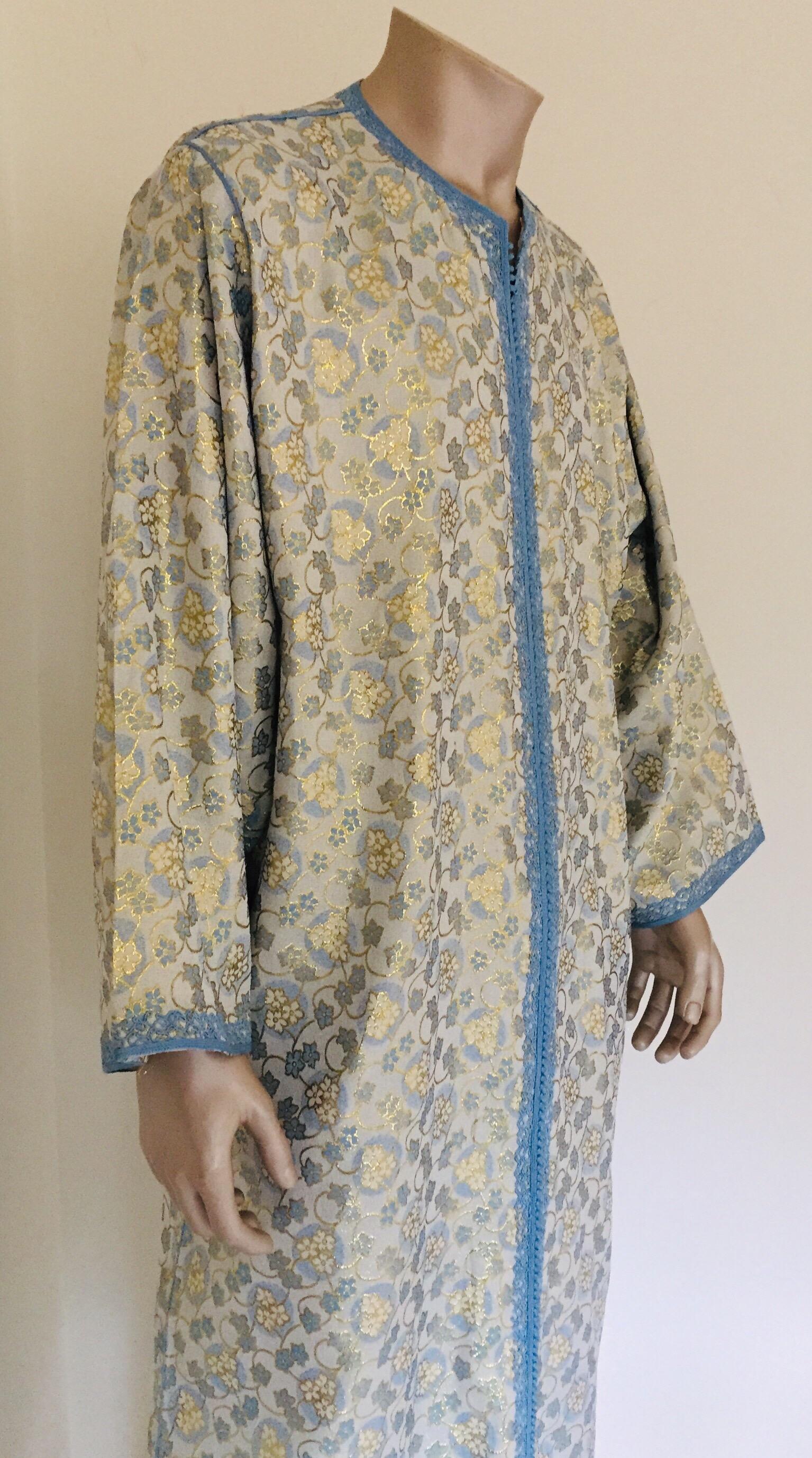 Metallic Blue and Silver Brocade 1970s Maxi Dress Caftan, Evening Gown Kaftan For Sale 3