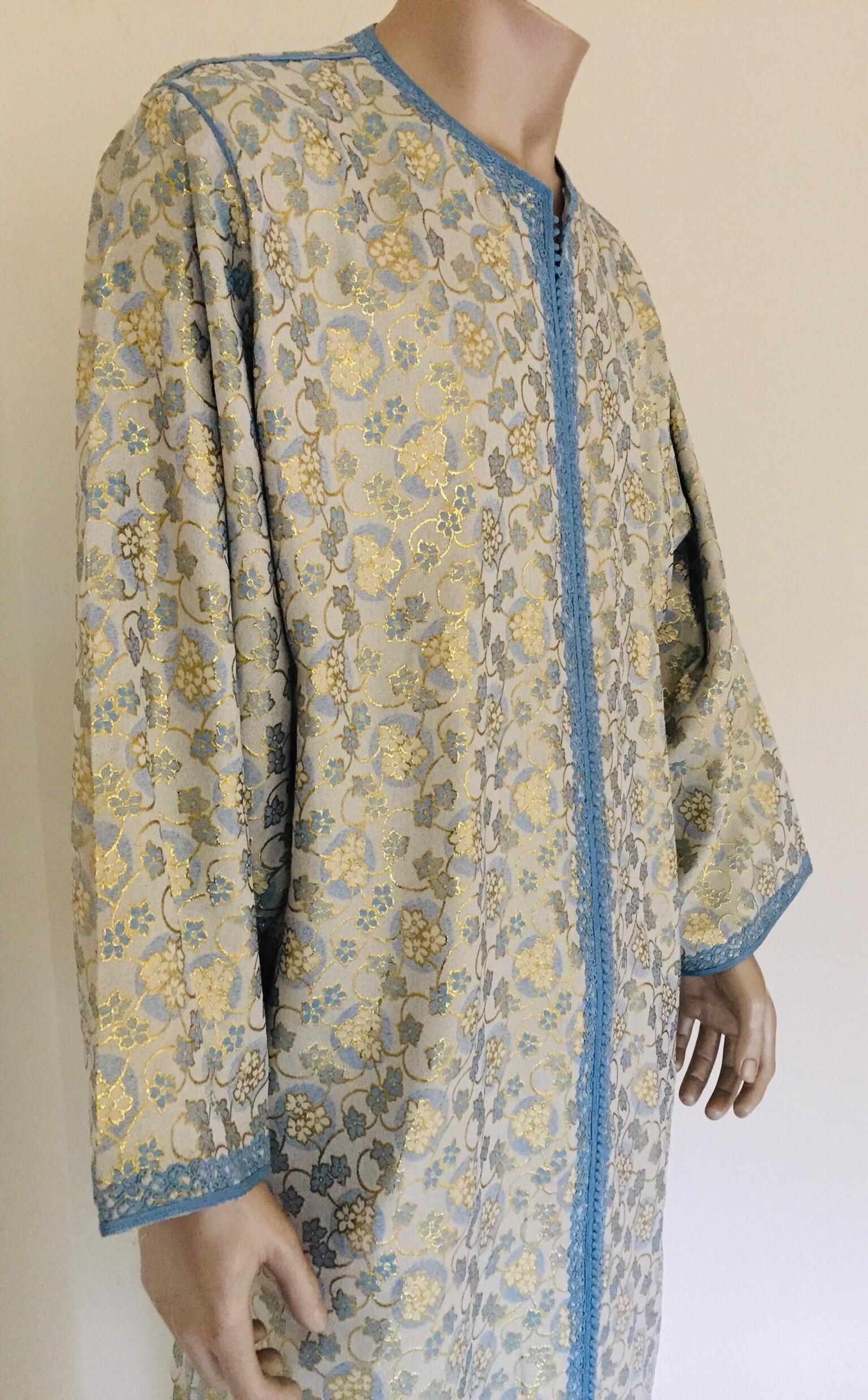 Metallic Blue and Silver Brocade 1970s Maxi Dress Caftan, Evening Gown Kaftan For Sale 4