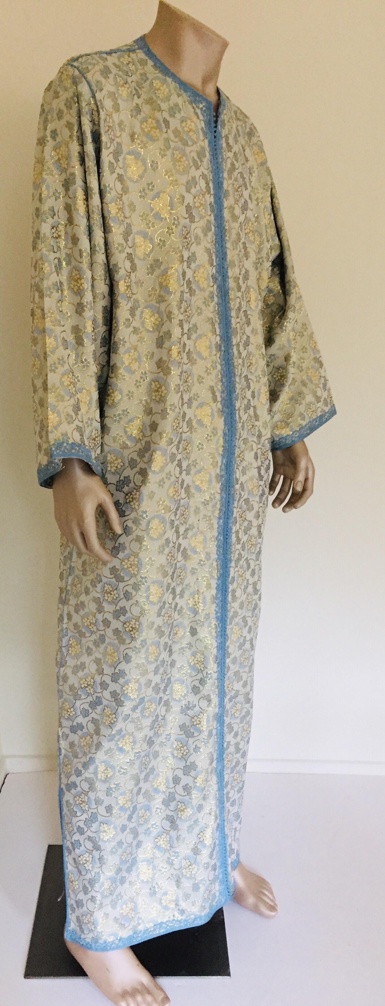 Metallic Blue and Silver Brocade 1970s Maxi Dress Caftan, Evening Gown Kaftan For Sale 5