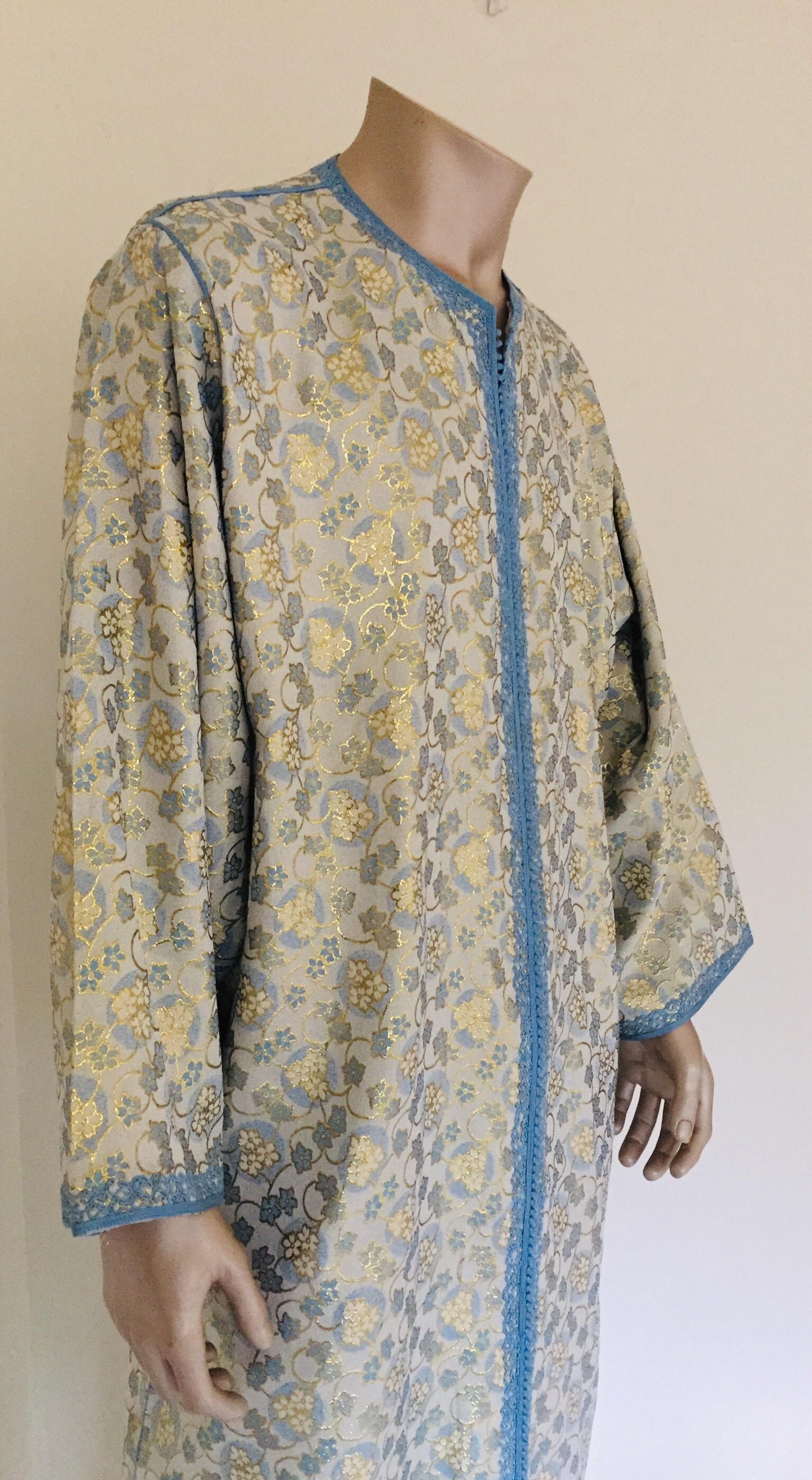 Metallic Blue and Silver Brocade 1970s Maxi Dress Caftan, Evening Gown Kaftan For Sale 7