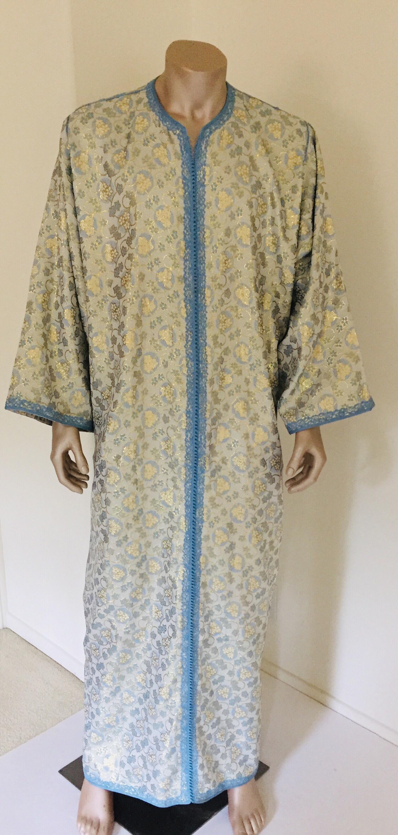Metallic Blue and Silver Brocade 1970s Maxi Dress Caftan, Evening Gown Kaftan For Sale 8