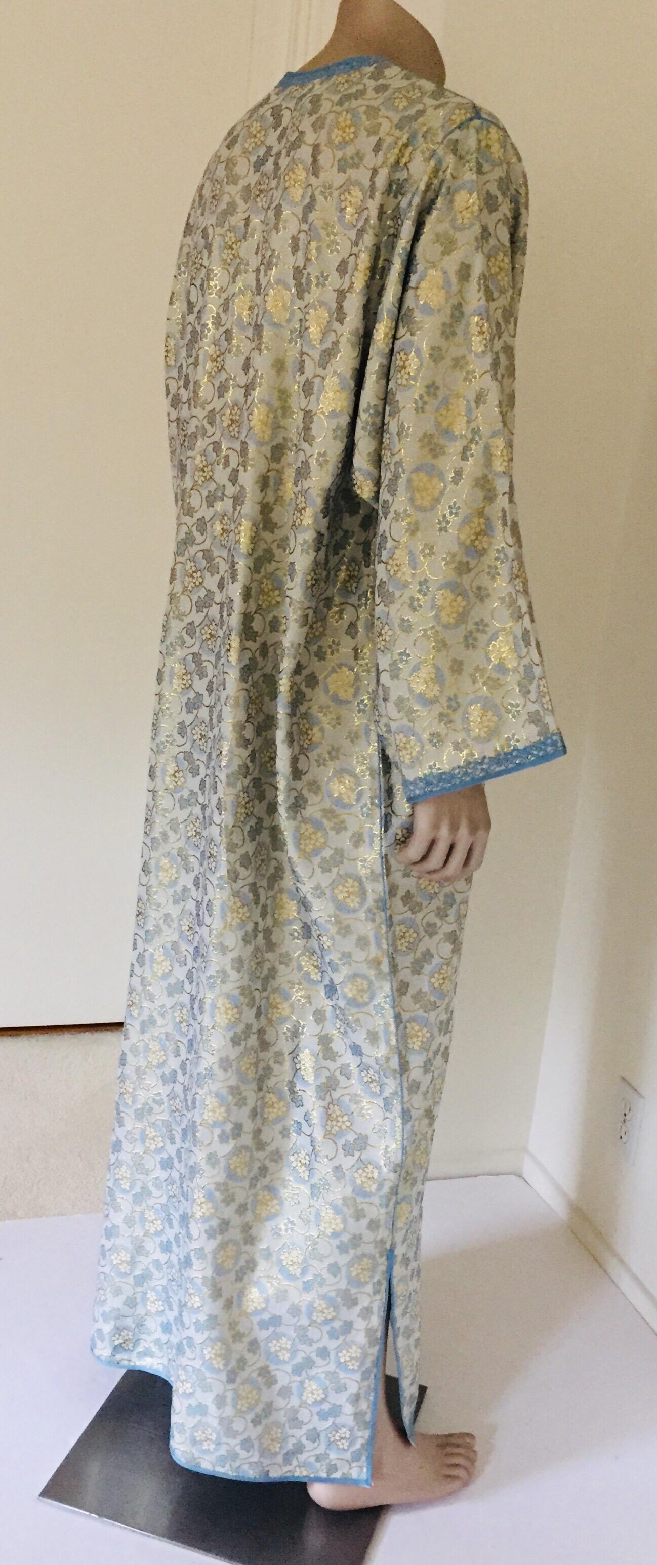 Metallic Blue and Silver Brocade 1970s Maxi Dress Caftan, Evening Gown Kaftan For Sale 11