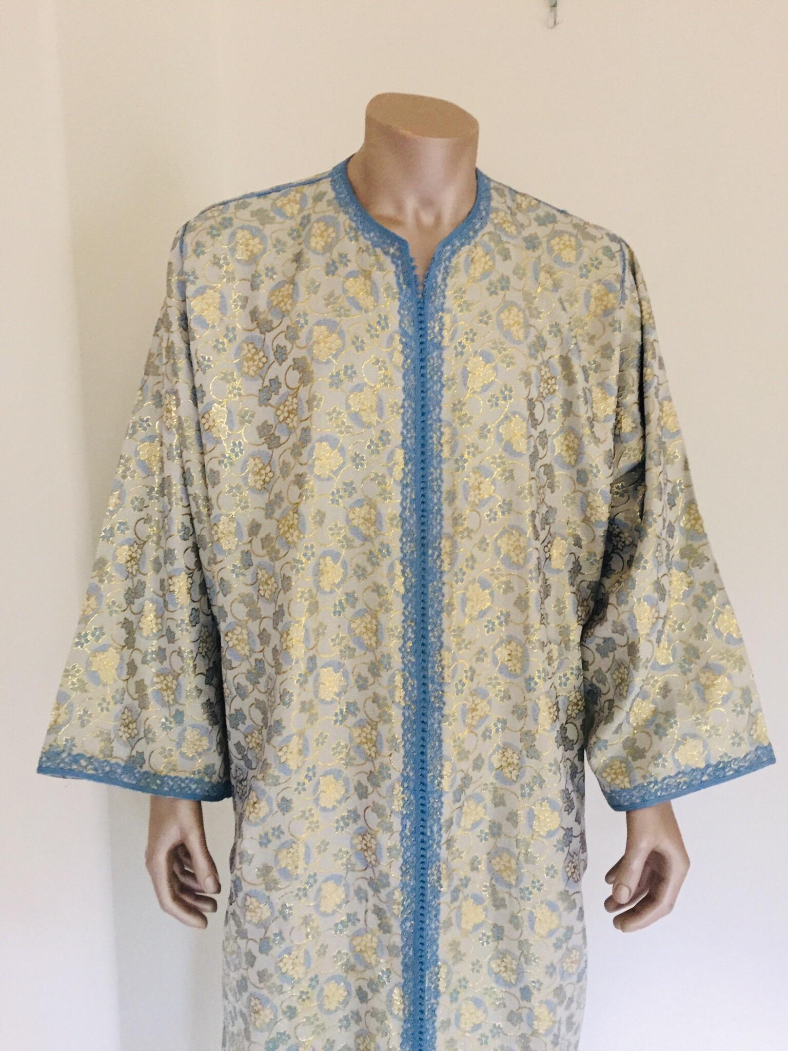 Moroccan Metallic Blue and Silver Brocade 1970s Maxi Dress Caftan, Evening Gown Kaftan For Sale