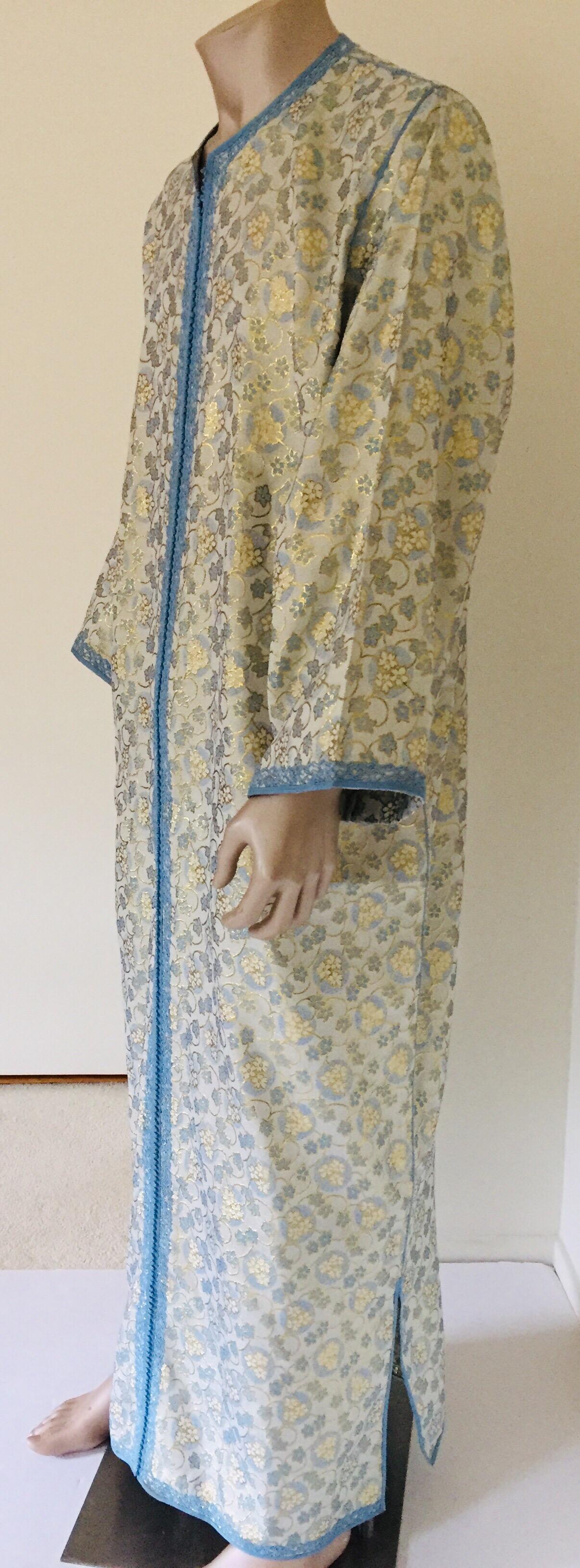 Hand-Carved Metallic Blue and Silver Brocade 1970s Maxi Dress Caftan, Evening Gown Kaftan For Sale