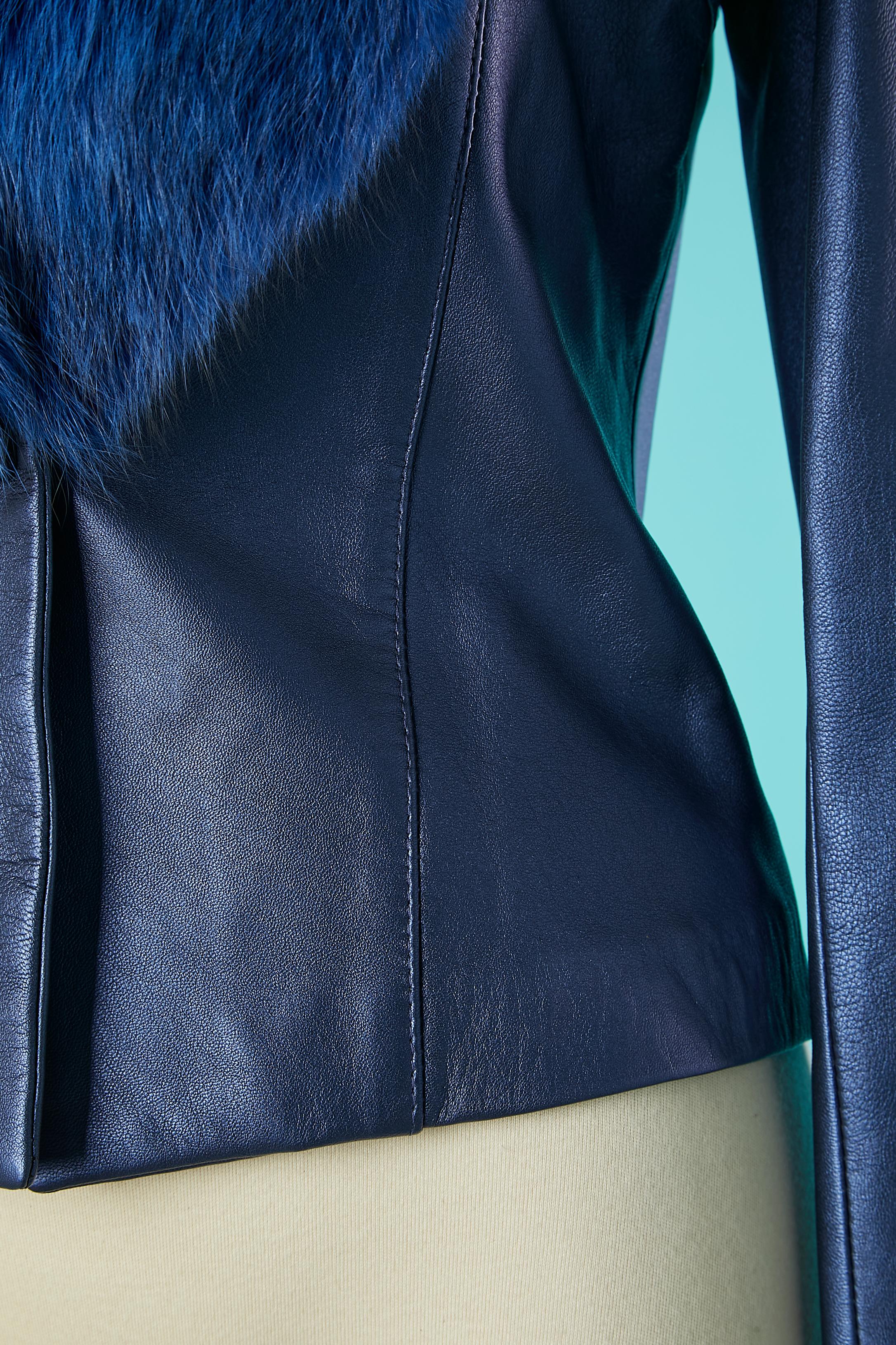 Metallicblaue Lederjacke mit Fuchskragen Michael Hoban North Beach Leather  im Zustand „Hervorragend“ im Angebot in Saint-Ouen-Sur-Seine, FR