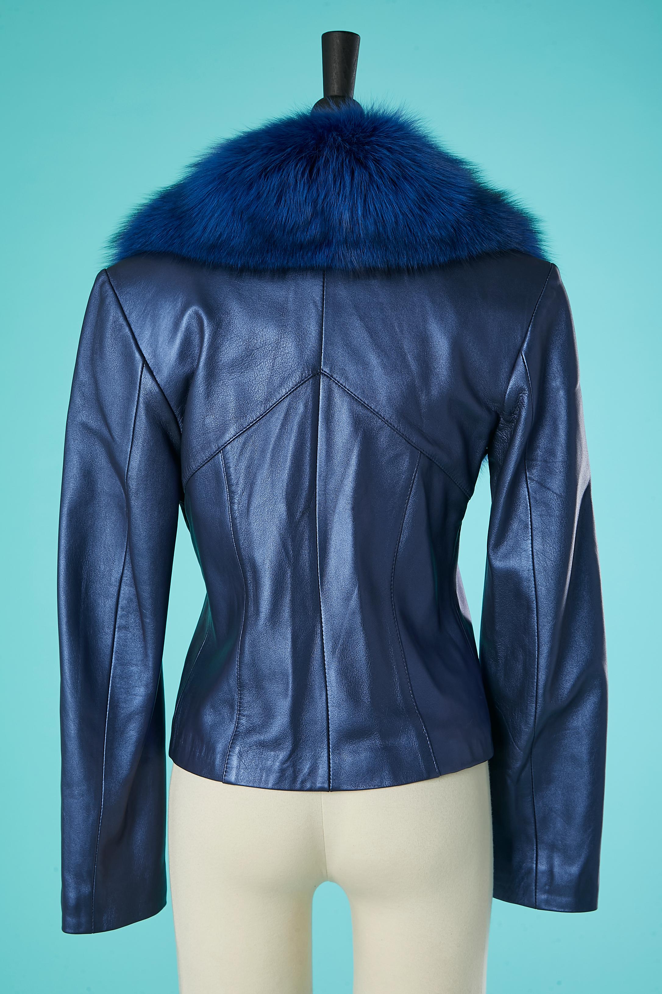 Metallic blue leather jacket with fox collar Michael Hoban North Beach Leather  For Sale 1