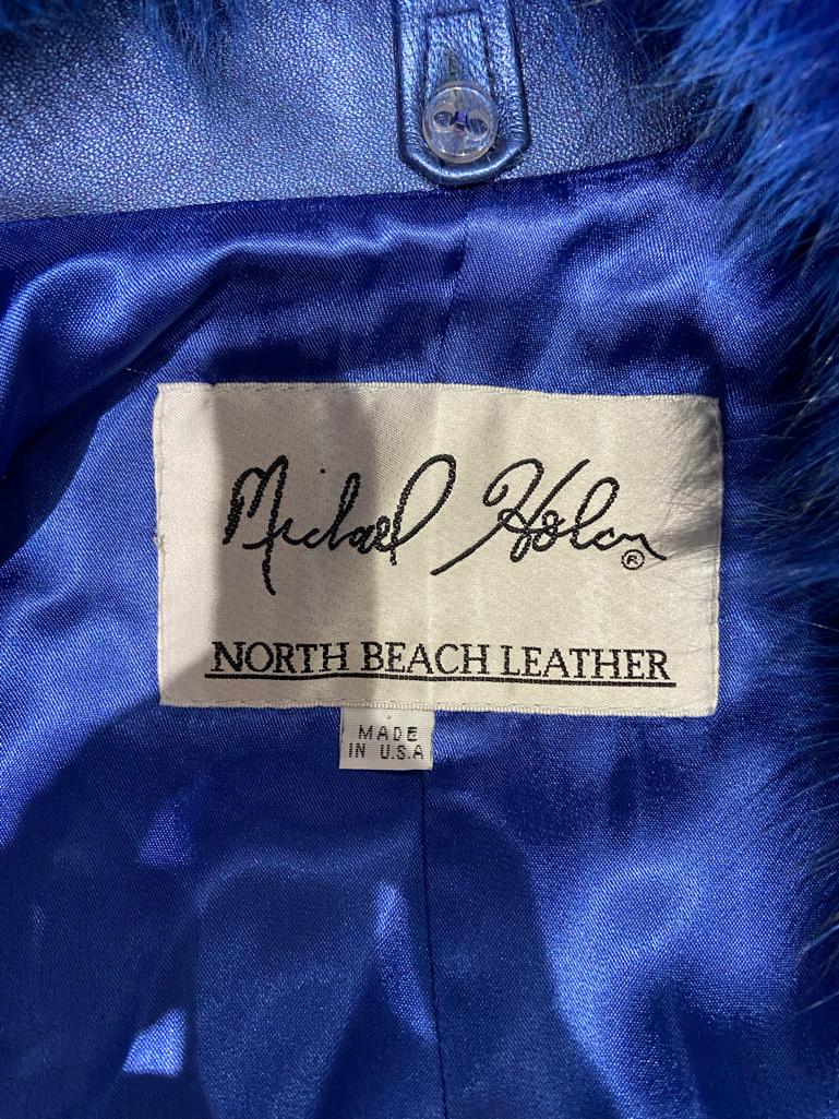 Metallic blue leather jacket with fox collar Michael Hoban North Beach Leather  For Sale 3