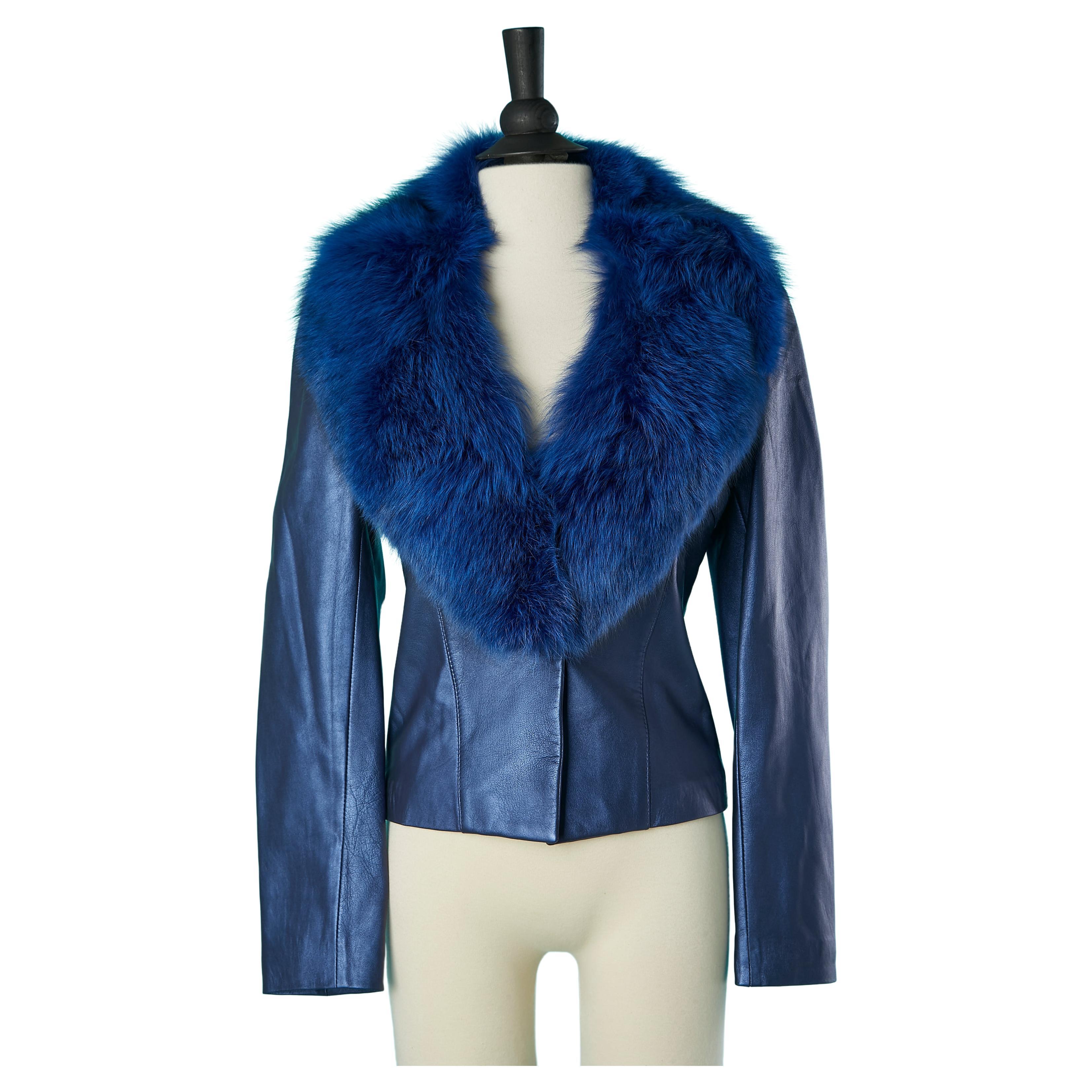 Metallic blue leather jacket with fox collar Michael Hoban North Beach Leather  For Sale