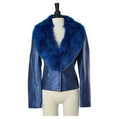 Veste en cuir bleu métallisé avec col en renard Michael Hoban North Beach Leather 