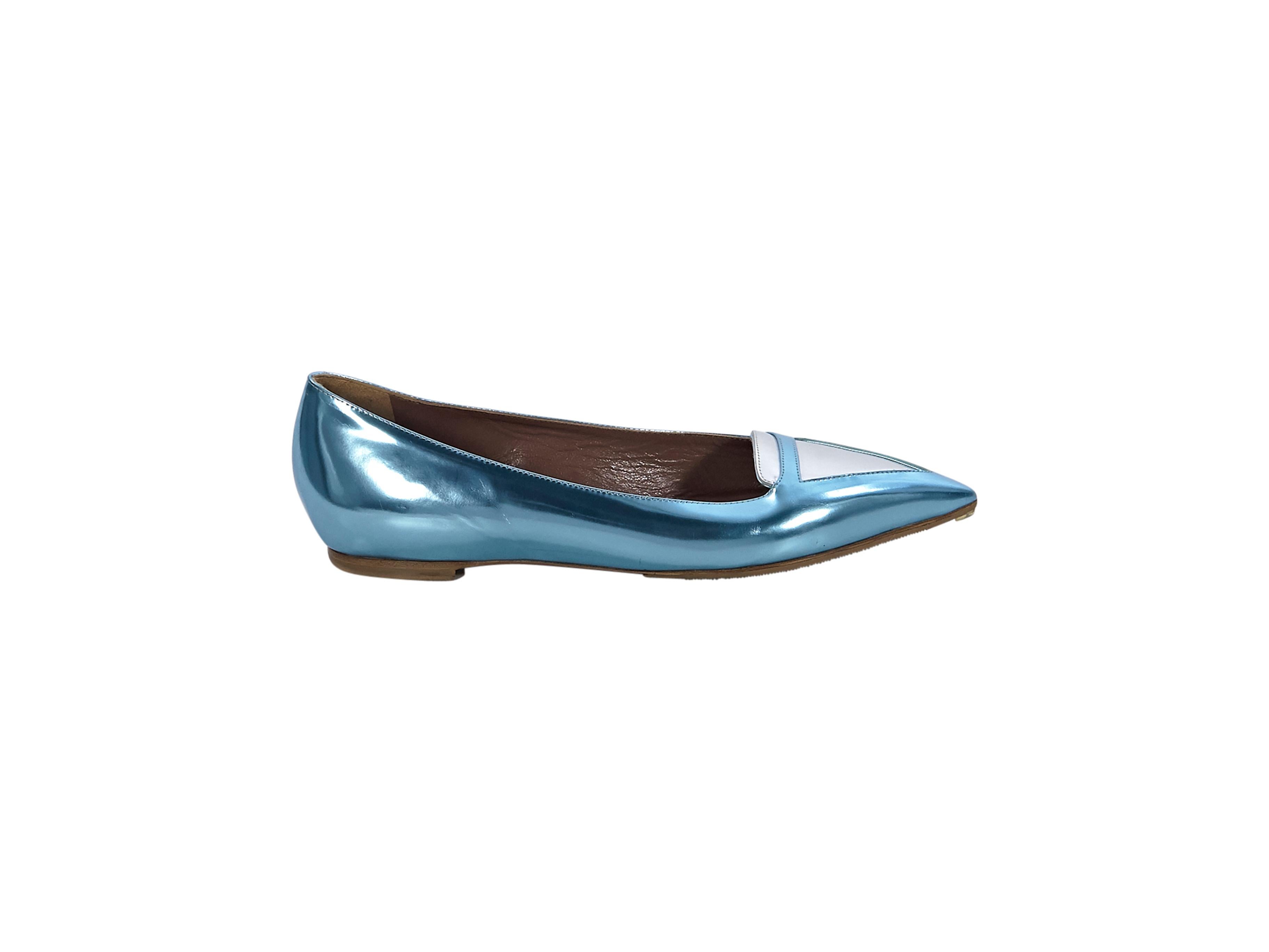 Product details:  Metallic blue and silver leather flats by Tabitha Simmons.  Point toe.  Slip-on style. 
Condition: Pre-owned. Very good. 
Est. Retail $ 625.00