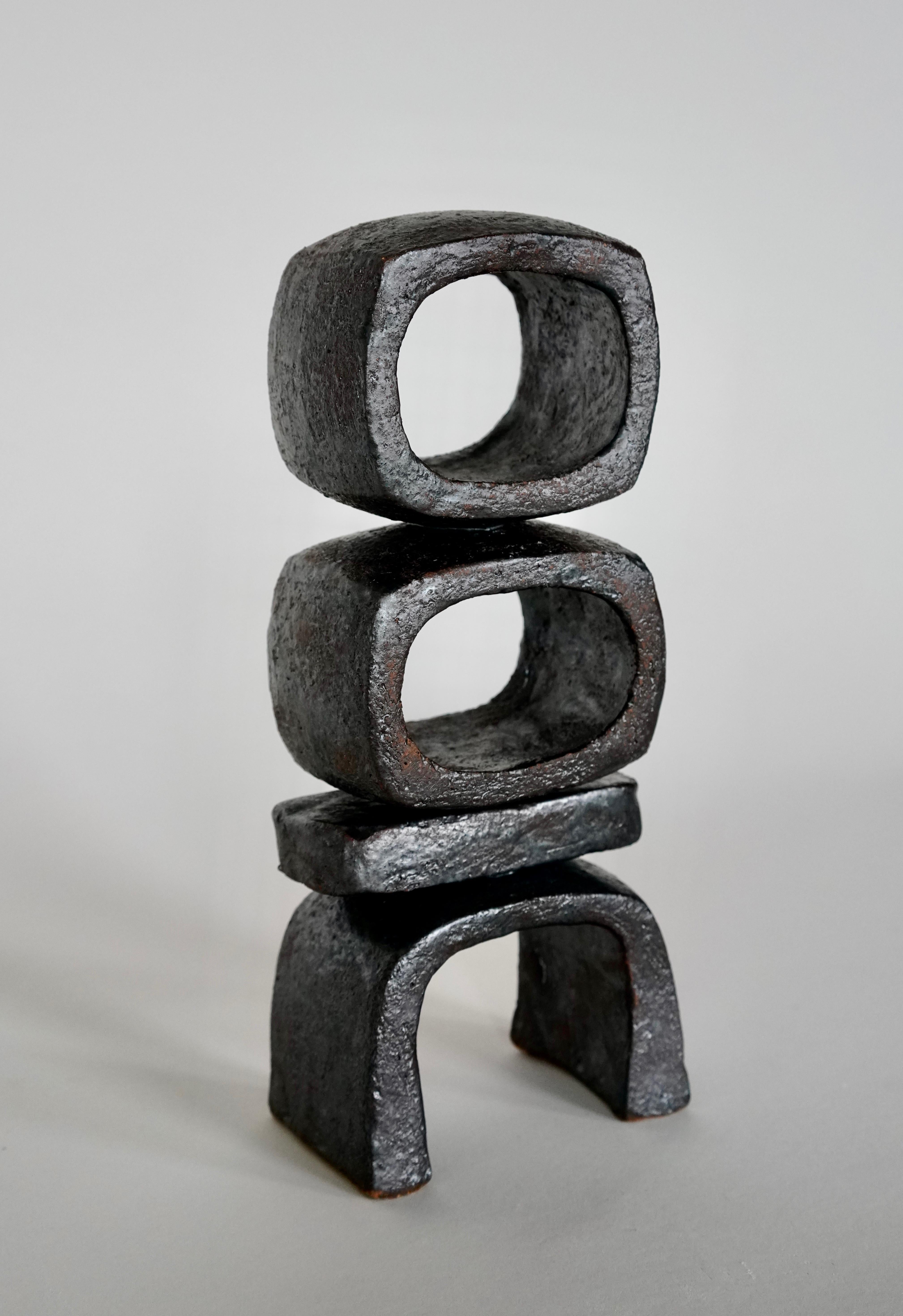 Organic Modern Metallic Brown/Black TOTEM, HandBuilt Ceramic Sculpture, 2 Stacked Rings on Legs