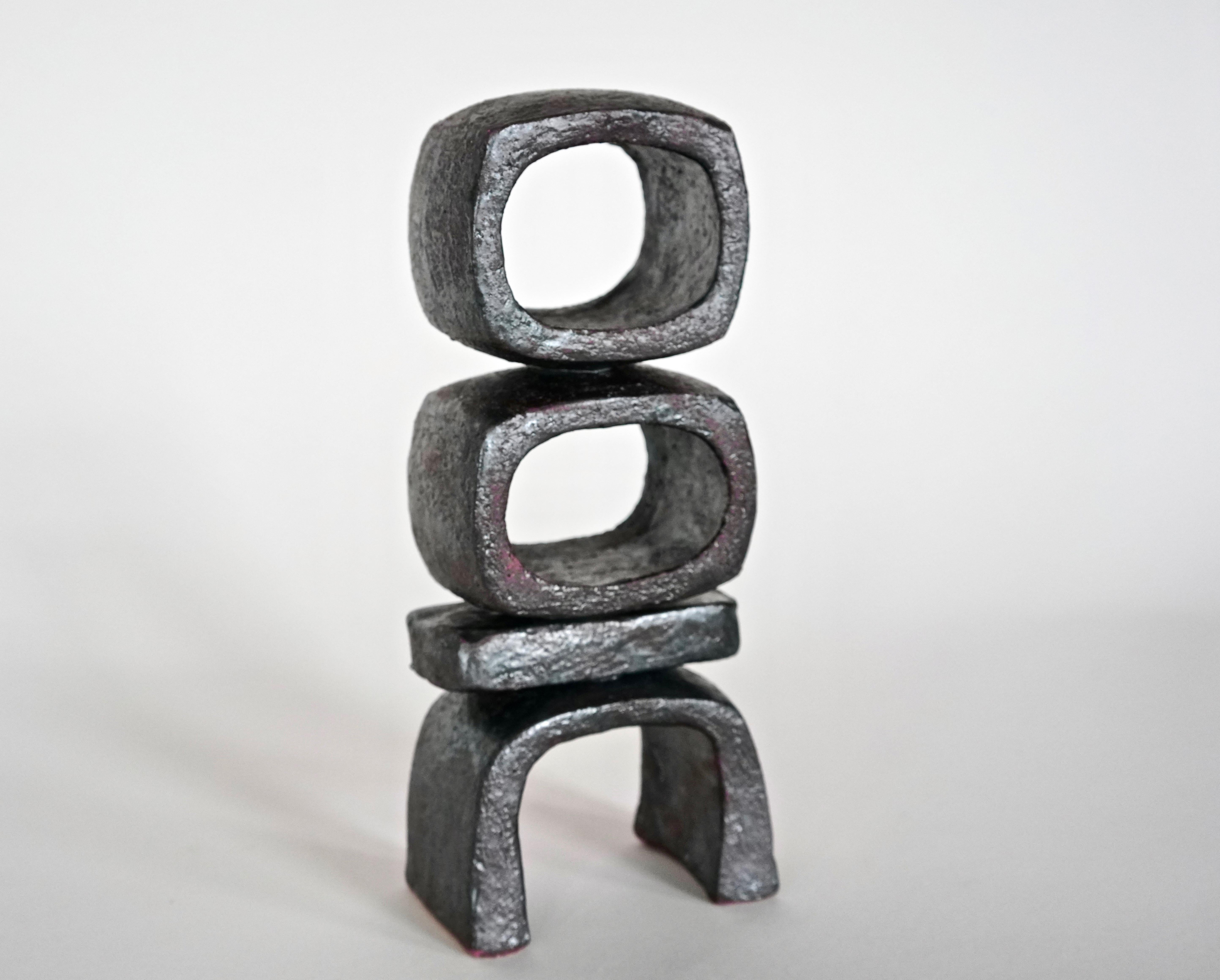American Metallic Brown/Black TOTEM, HandBuilt Ceramic Sculpture, 2 Stacked Rings on Legs