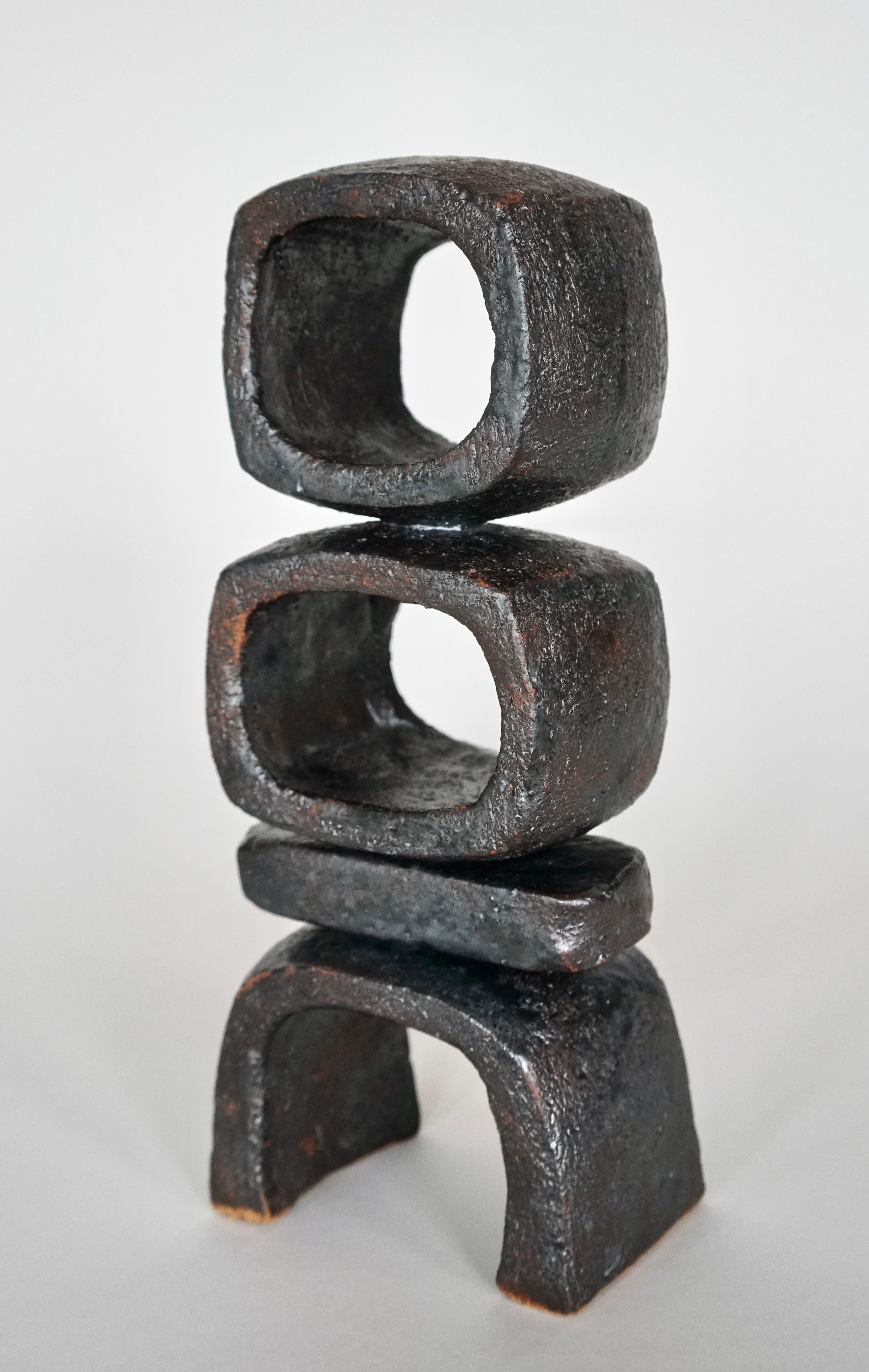 Glazed Metallic Brown/Black TOTEM, HandBuilt Ceramic Sculpture, 2 Stacked Rings on Legs