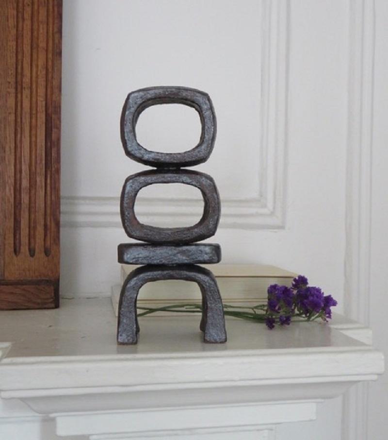 Metallic Brown/Black TOTEM, HandBuilt Ceramic Sculpture, 2 Stacked Rings on Legs In New Condition In New York, NY