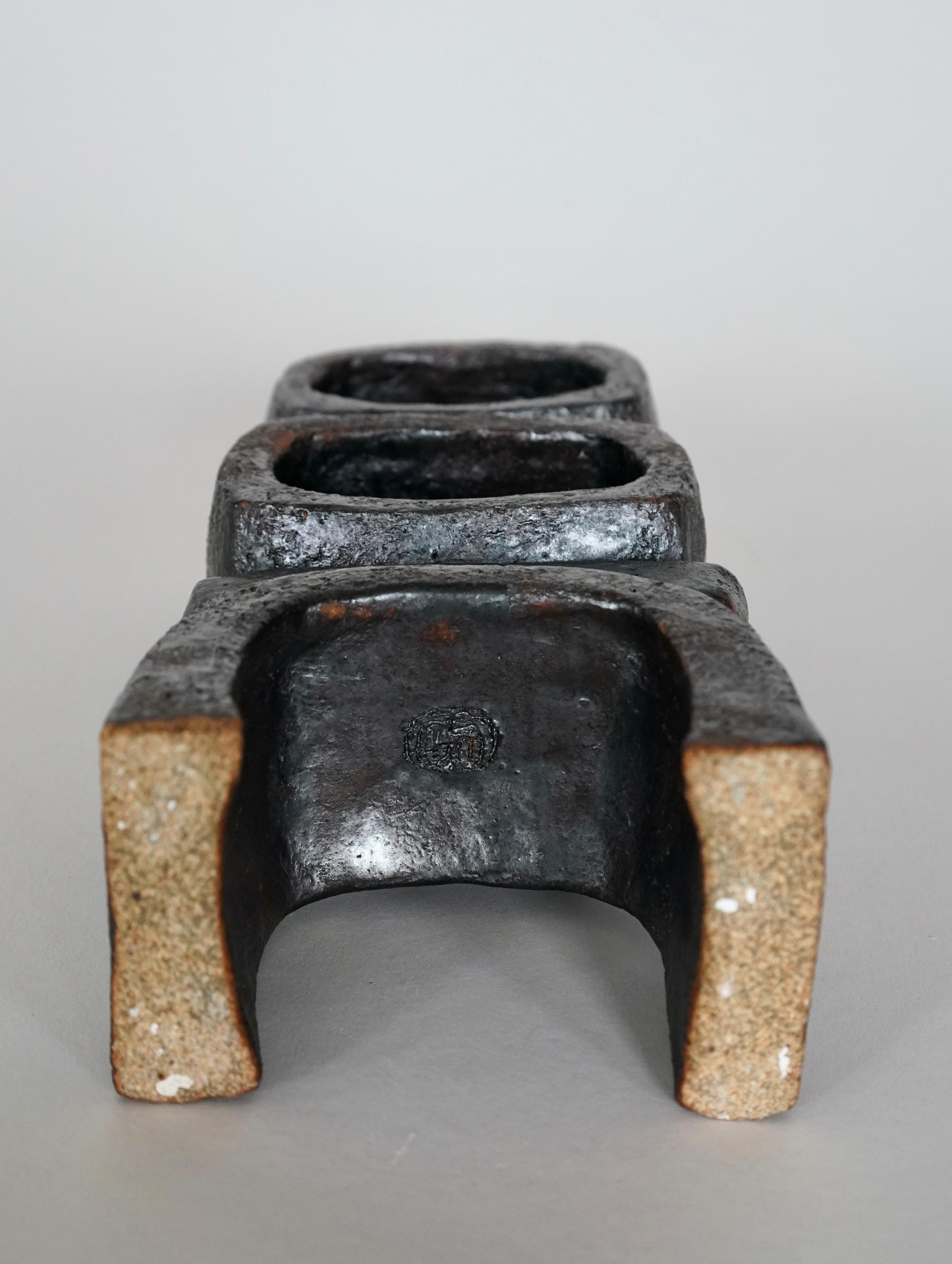 Contemporary Metallic Brown/Black TOTEM, HandBuilt Ceramic Sculpture, 2 Stacked Rings on Legs