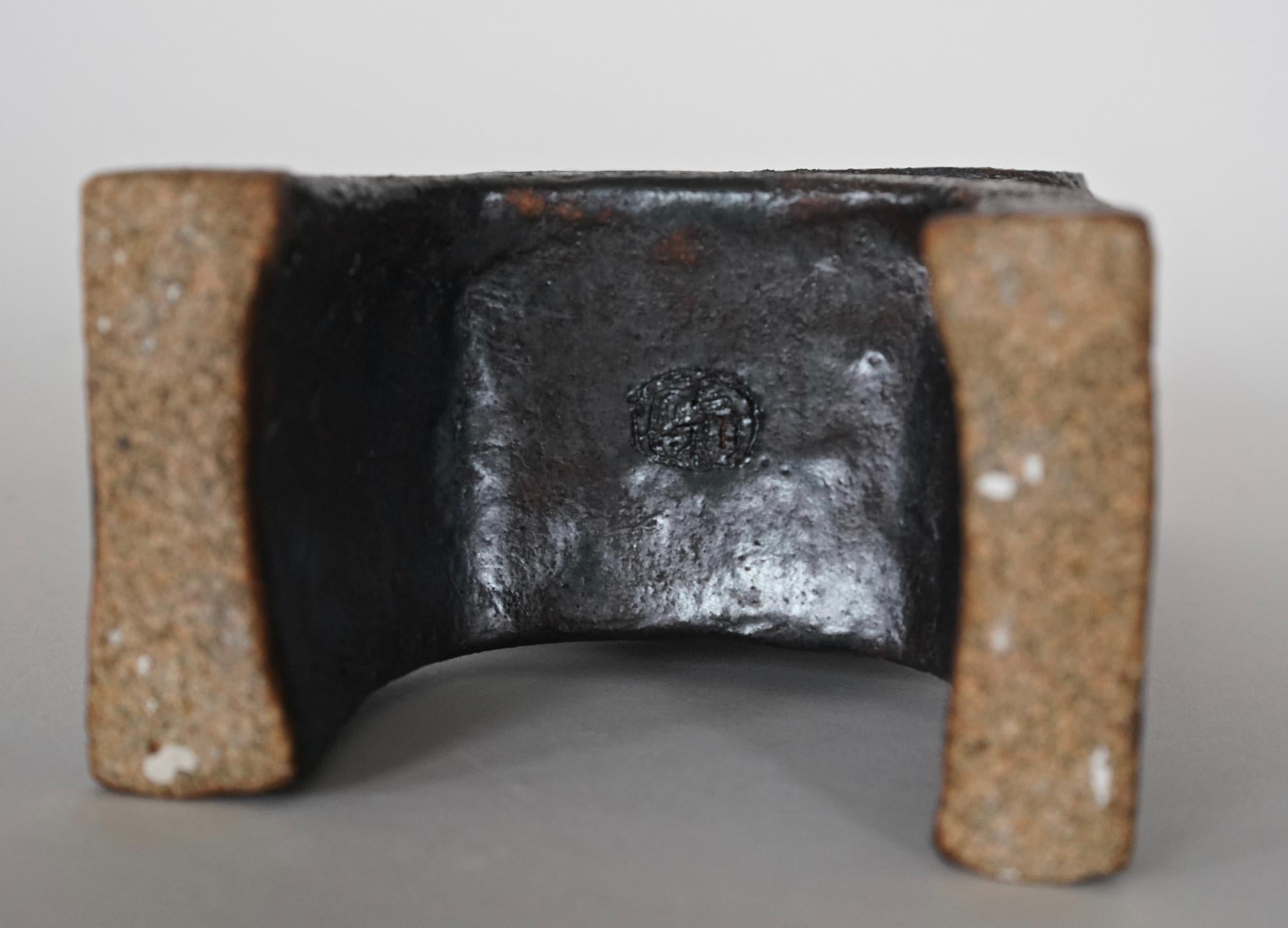 Metallic Brown/Black TOTEM, HandBuilt Ceramic Sculpture, 2 Stacked Rings on Legs 1