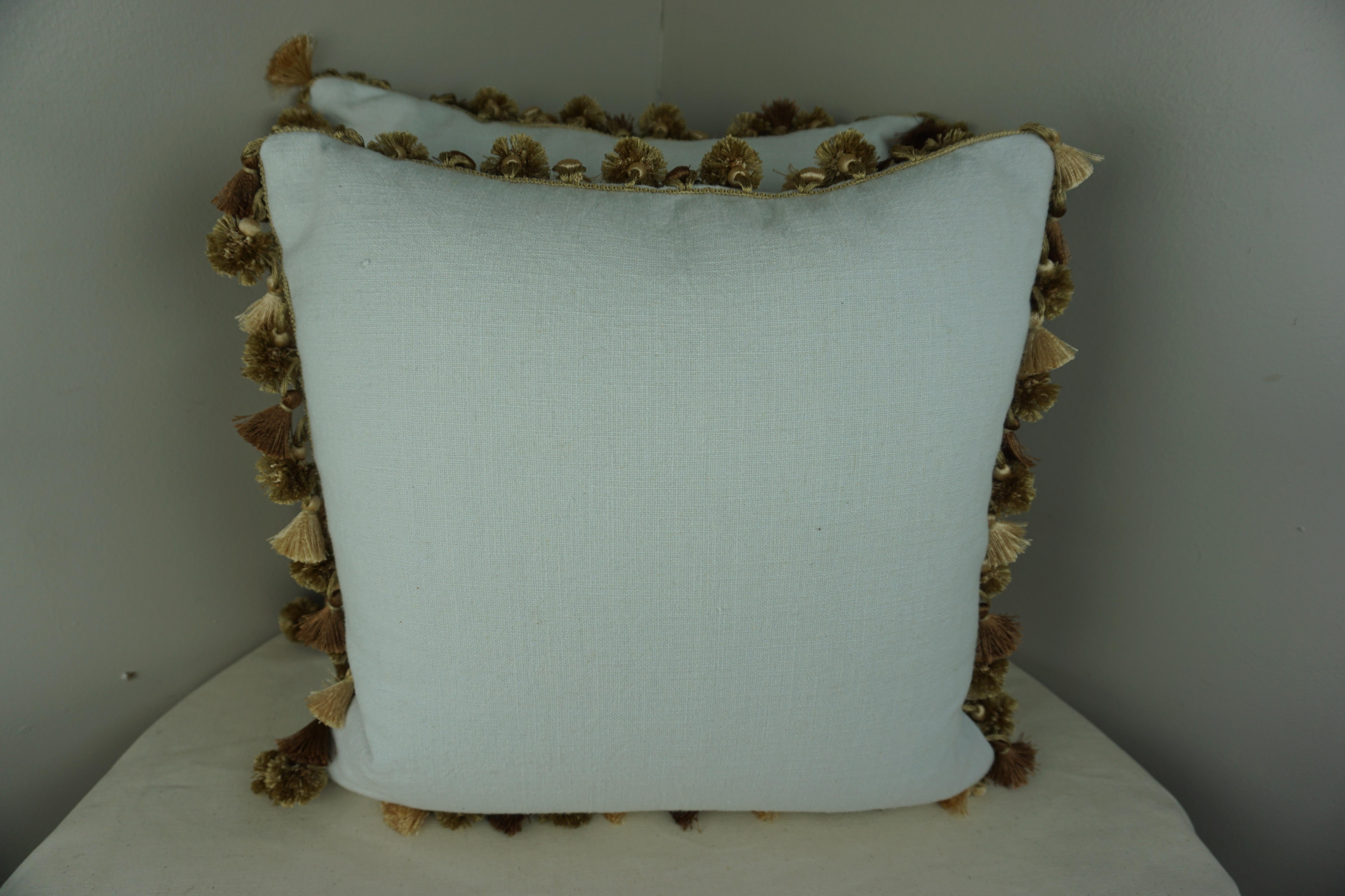 French Metallic and Chenille Floral Appliqued Linen Pillows by Melissa Levinson For Sale