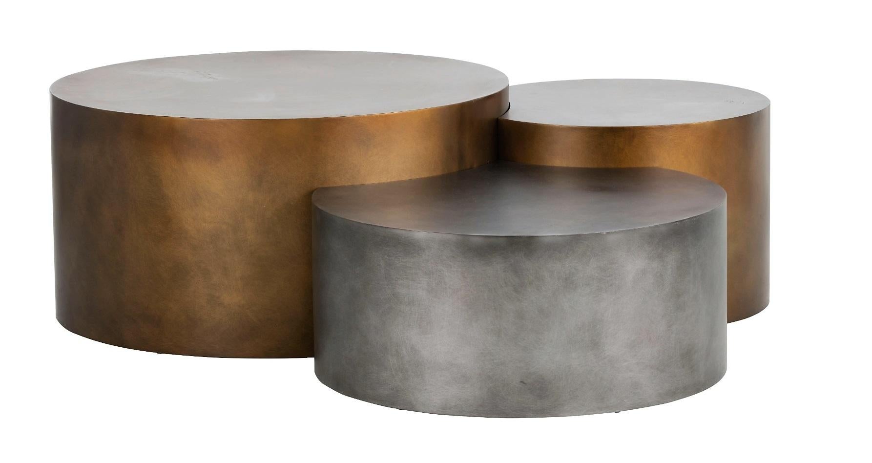 Asian Metallic Composition of Three Low Tables in Different Heights and Finishes