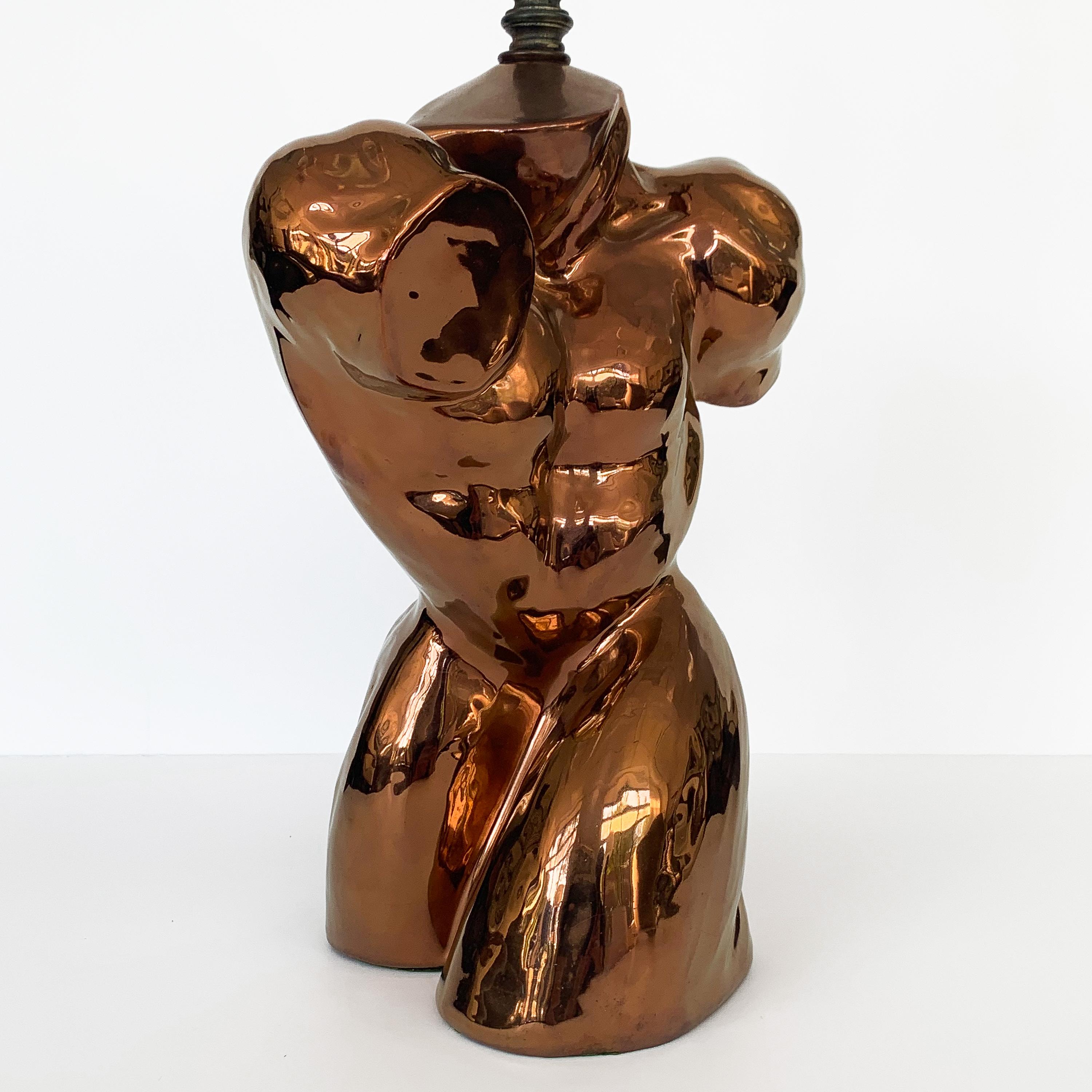 Mid-Century Modern Metallic Copper Glazed Ceramic Nude Male Torso Table Lamp