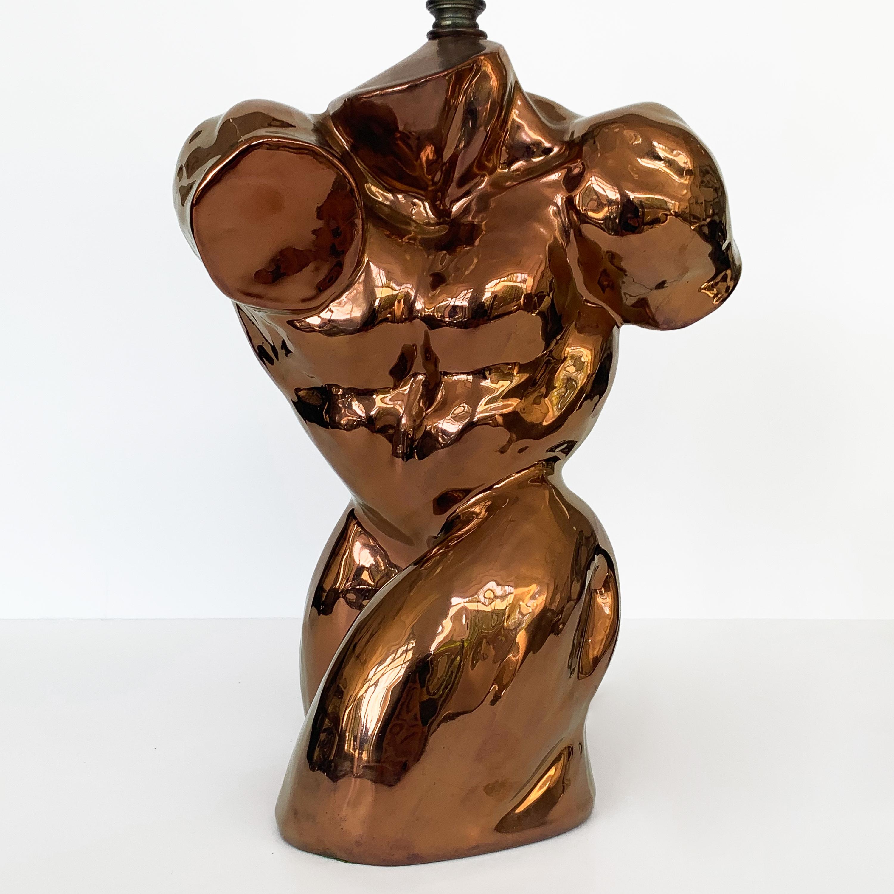 American Metallic Copper Glazed Ceramic Nude Male Torso Table Lamp