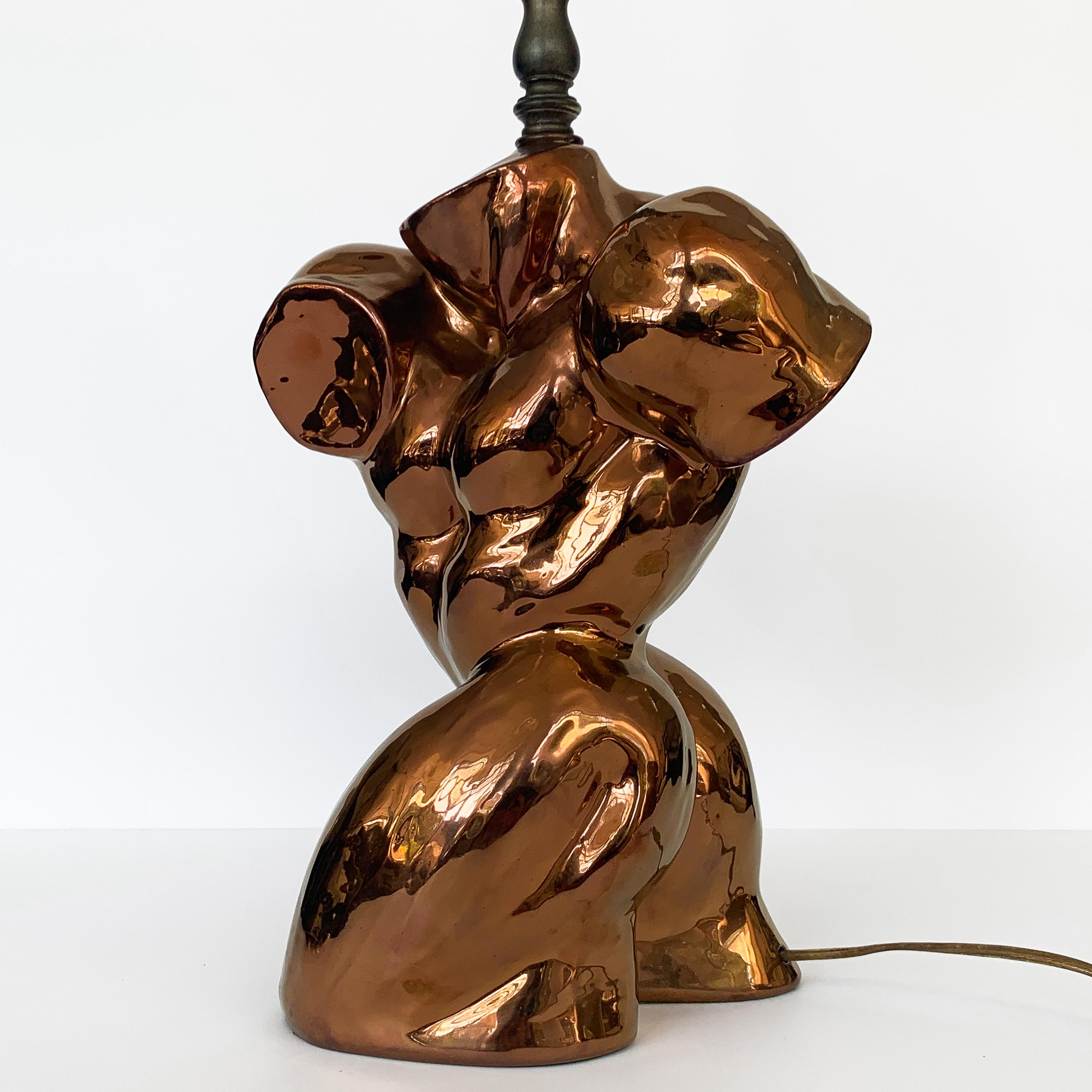 Metallic Copper Glazed Ceramic Nude Male Torso Table Lamp In Good Condition In Chicago, IL