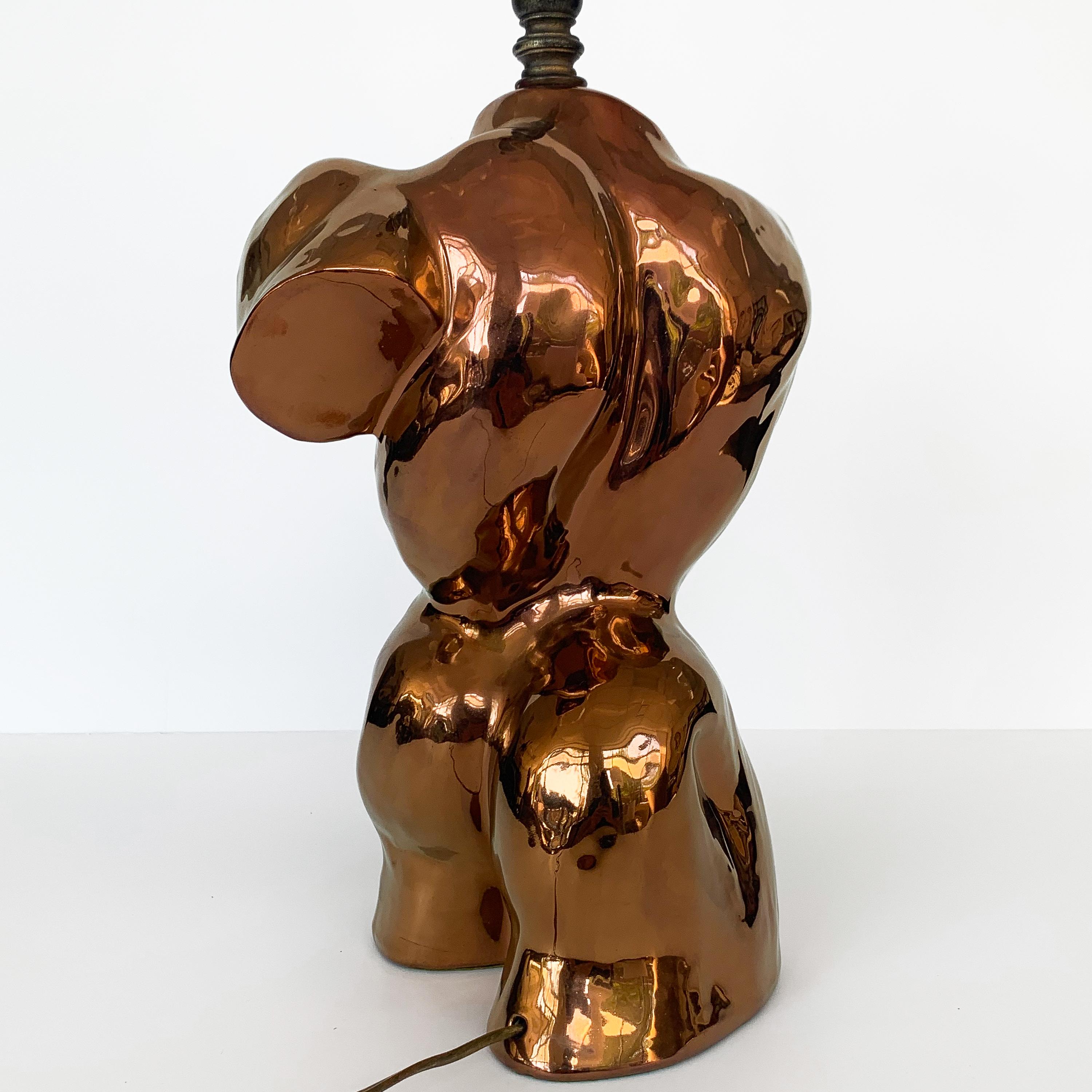 Late 20th Century Metallic Copper Glazed Ceramic Nude Male Torso Table Lamp