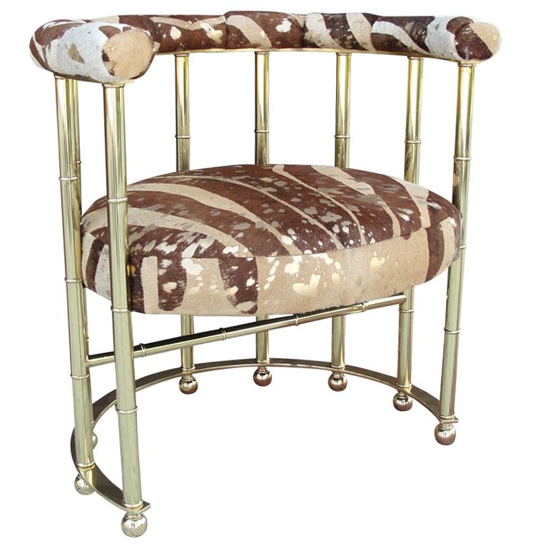 Metallic Cowhide in Zebra Print Brass and Leather Armchair For Sale