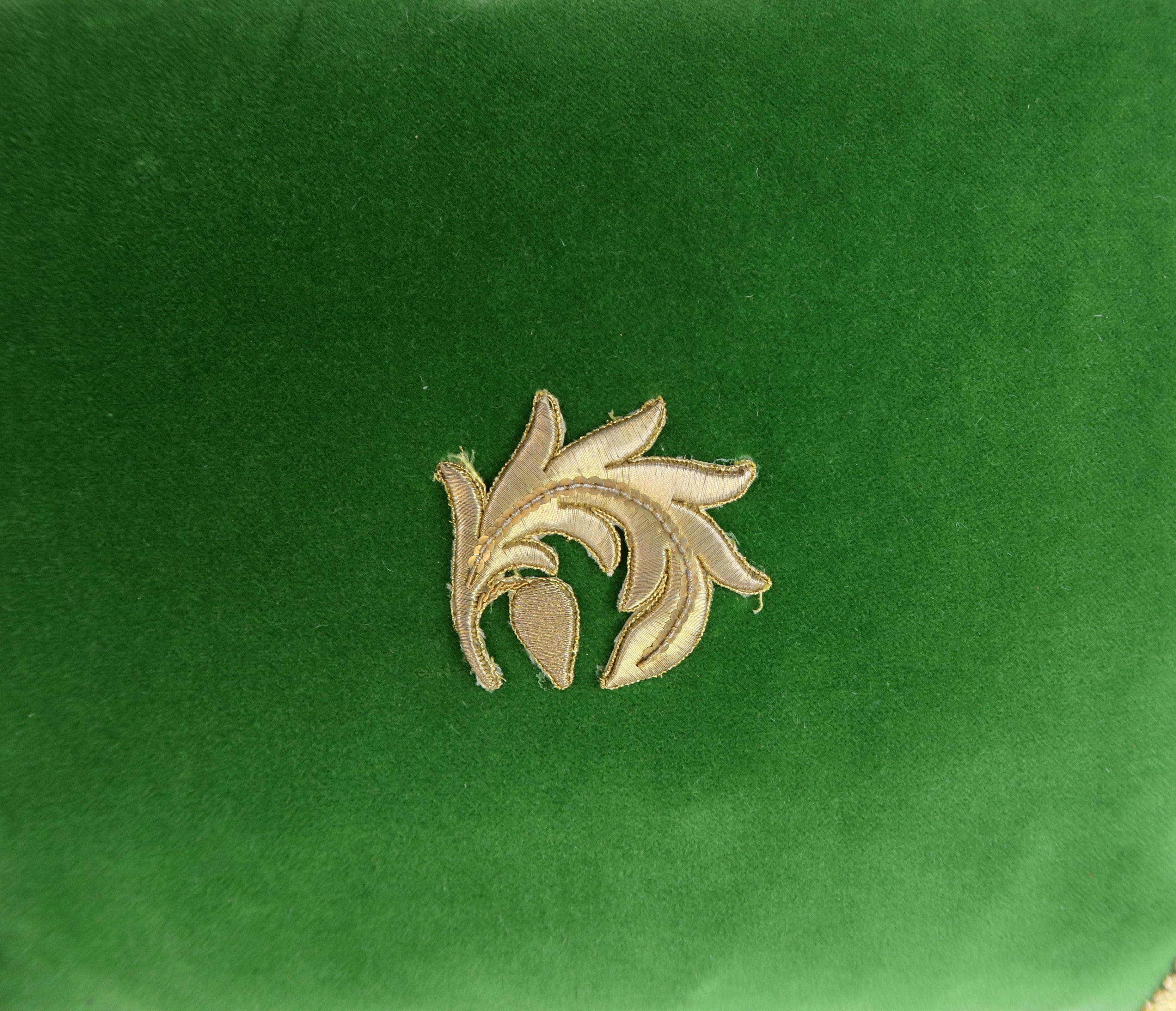 Italian Metallic Embroidered Green Velvet Pillows, Pair