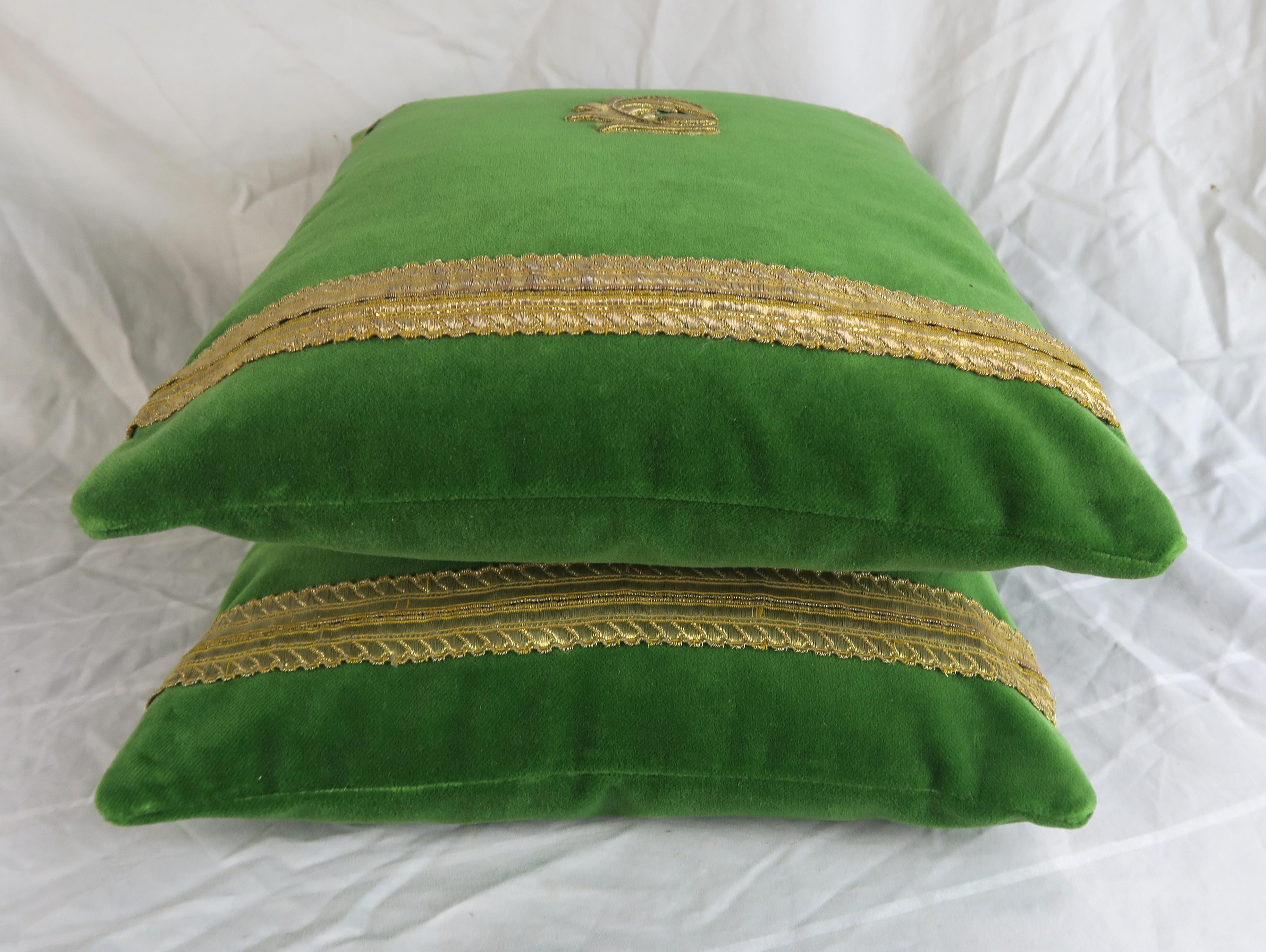 20th Century Metallic Embroidered Green Velvet Pillows, Pair