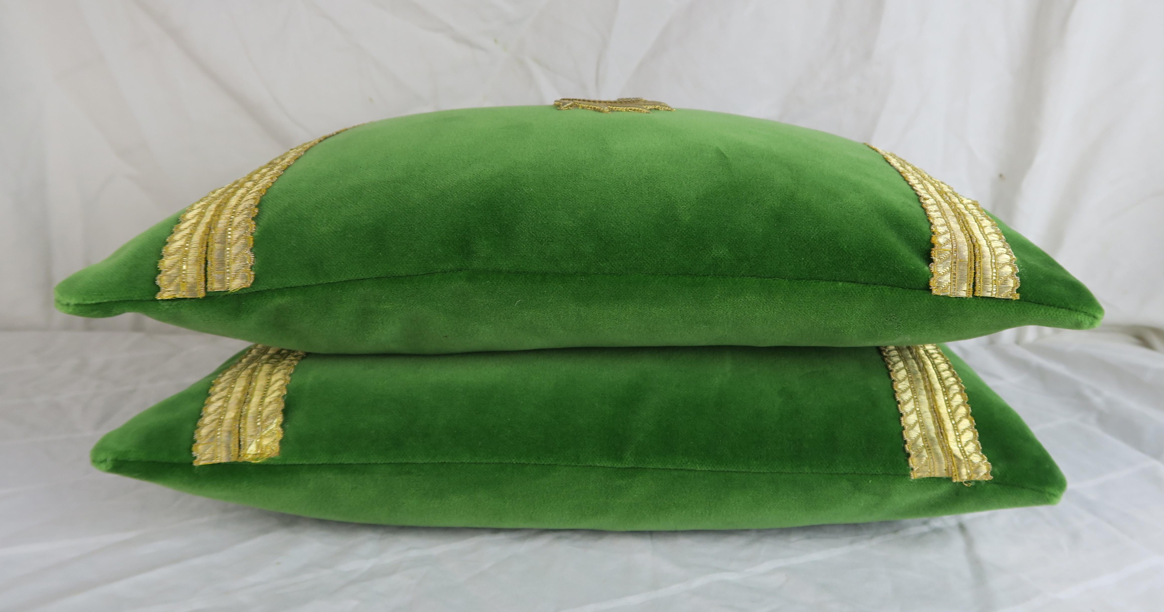 Metallic Embroidered Green Velvet Pillows, Pair 1